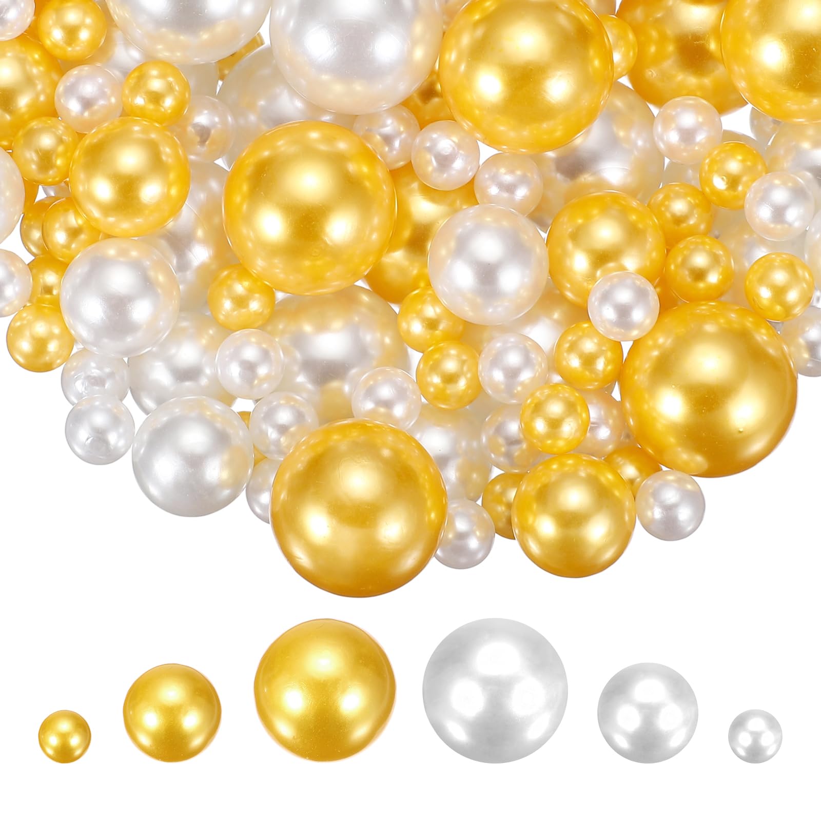 sourcing map 100Pcs Faux Pearl for Crafting, 8/14/20mm No Hole ABS Round Pearls for Vase Fillers Jewelry Making Vase Filler Cosmetic Boxes Home Decor DIY Parts Table Scatter, Gold White