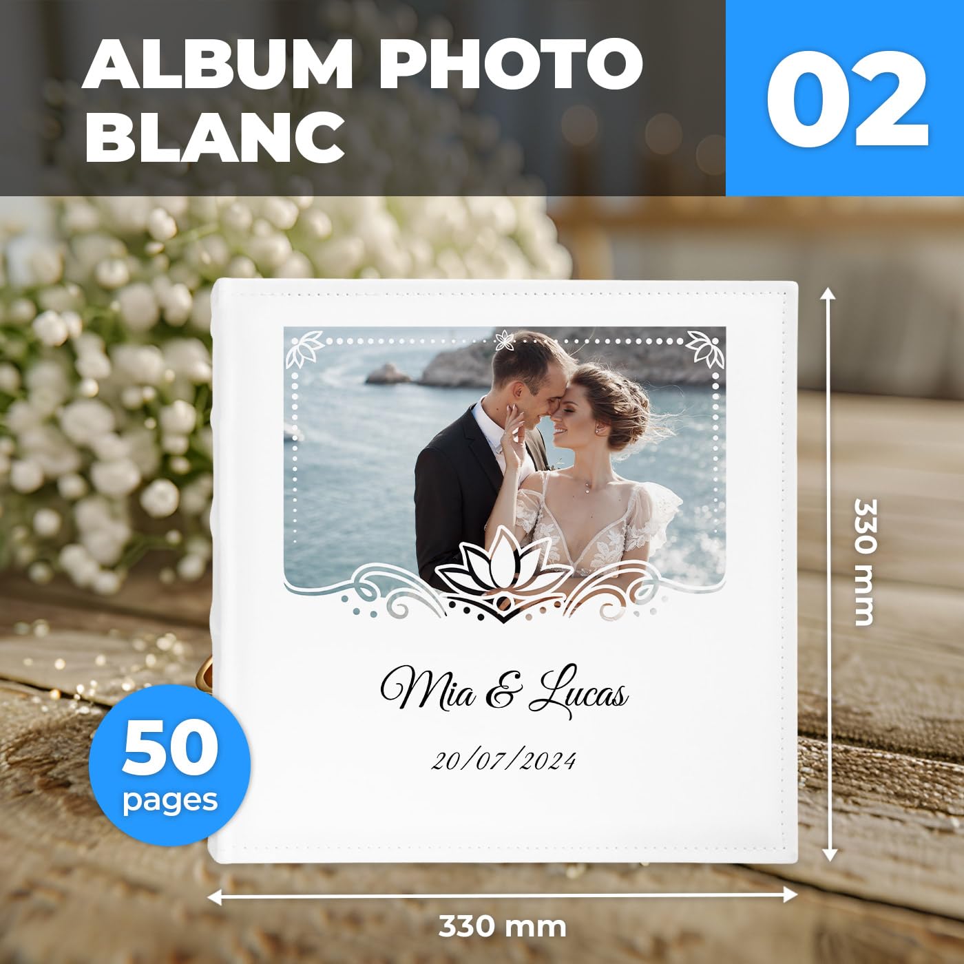 Maverton Album Photo Personnalisable à Pochettes - Cadeau Mariage Unique - Photo Album 33x33x6 cm pour 500 Photos avec Couverture Imprimée - Cadeau Personnalisé Pour Jeunes Mariés - couple mariage