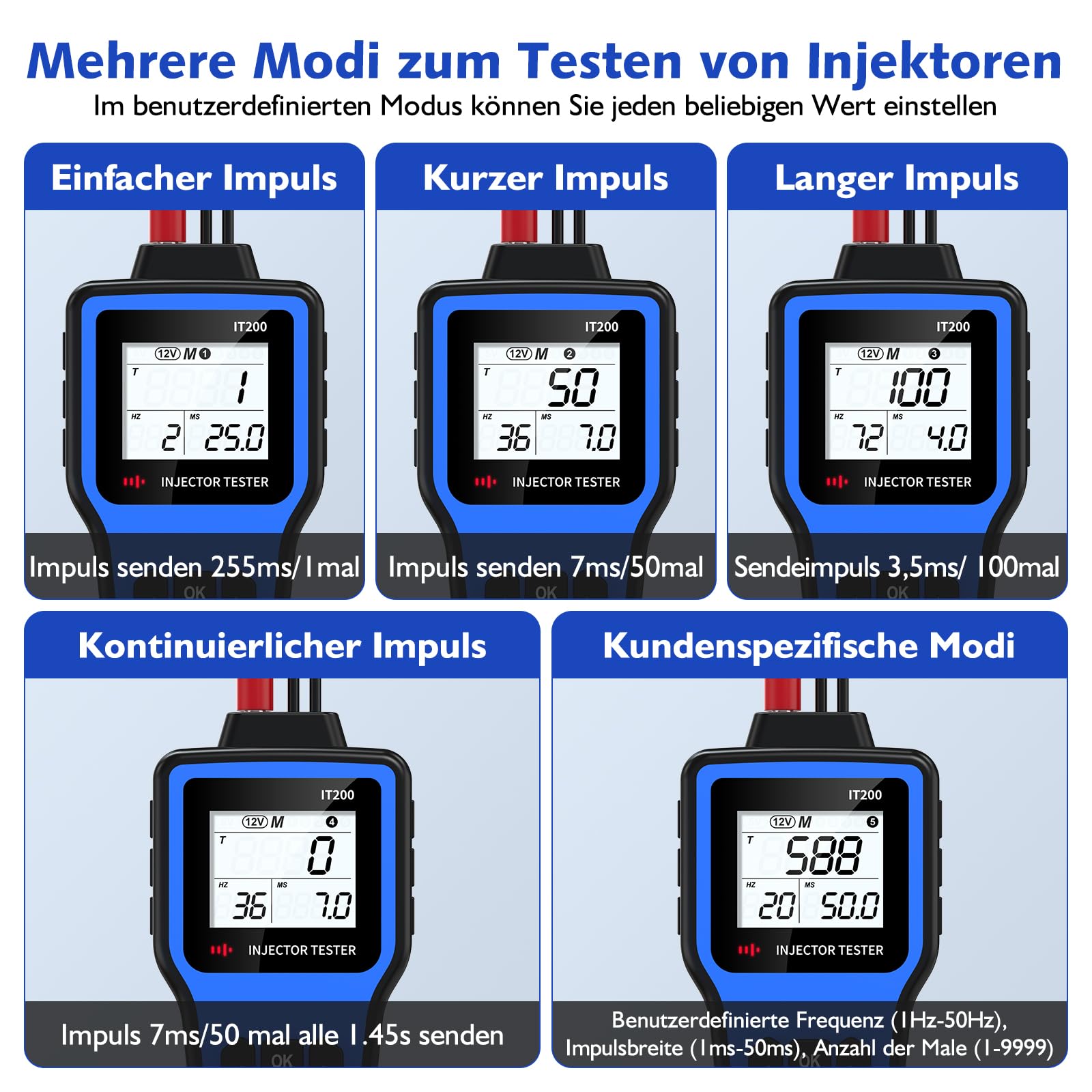 OBDResource Digitaler 5V/12V Diesel Benzin-Einspritzdüsen-Tester mit 5 Test-Modi und HD-Display, 2 Einspritzdüsen-Reiniger-Adapter