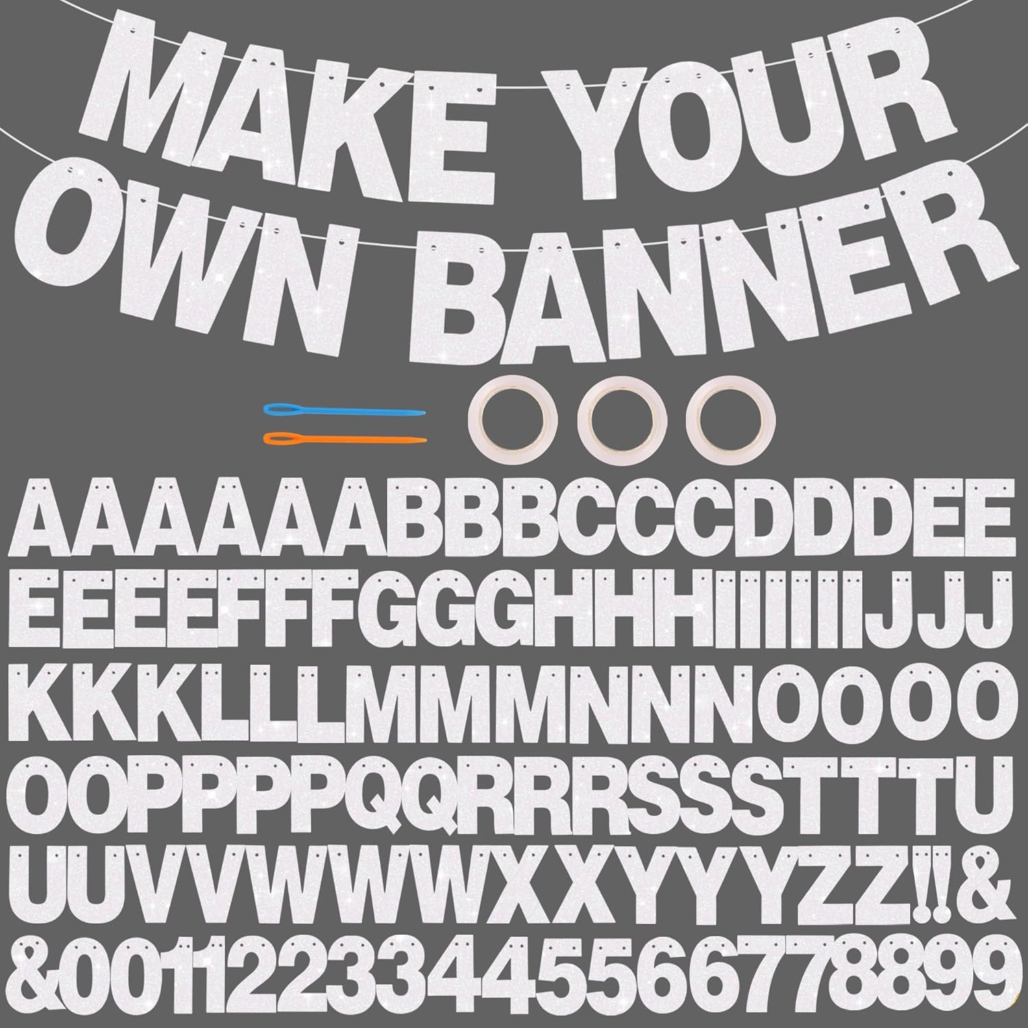 DecoGlee 116 PCS A-Z Glitter Colorful White DIY Letter Banner Kit Make Your Own Banner，Including 111 Letters and Numbers 3 Rope and 2 Threading Device,for Birthday Graduation Wedding Halloween Party