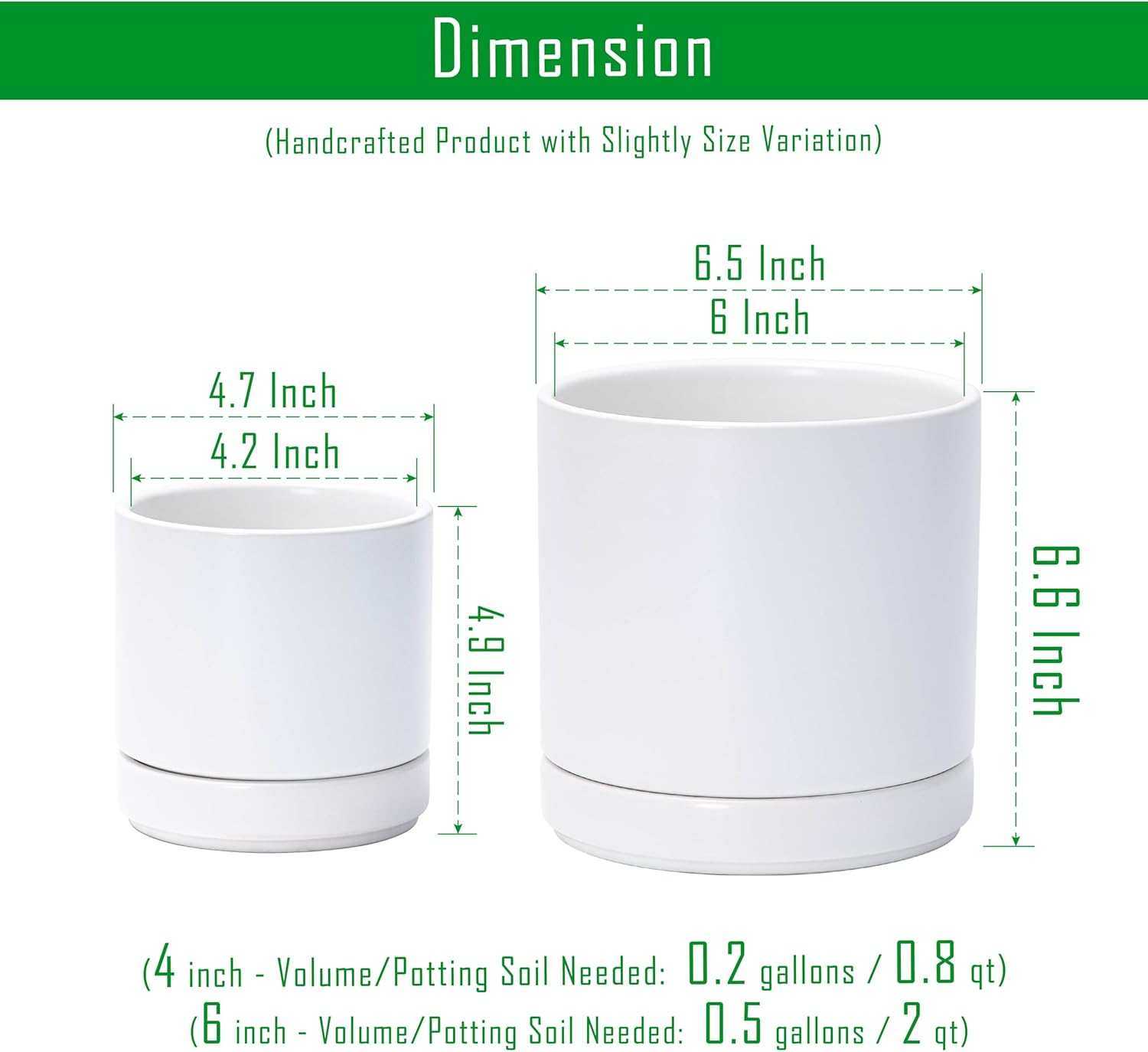 D'vine Dev 4.7 Inch & 6.5 Inch Ceramic Planter Pots for Plants with Drainage Hole and Saucer, Small Plant Pots Set, White, 94-G-S-1 Small White