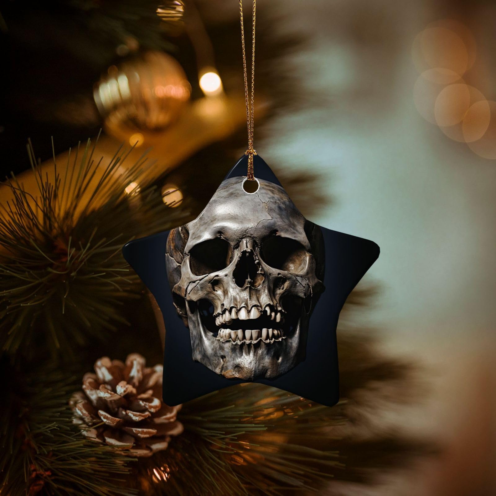 Christmas Ornaments for Christmas Tree Decoration Hanging Death Skull Ornament with Gold Ribbon Crafts Star Shape Ceramic Pendant for Keepsake Gifts Xmas Decor Party Supplies