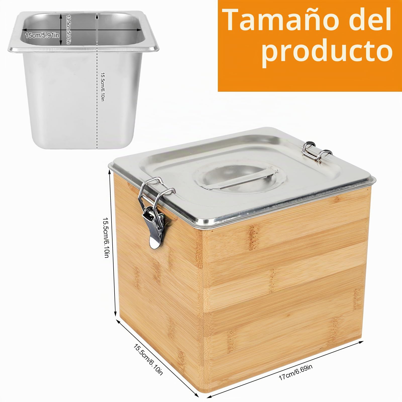 Cubo de compostaje de cocina de madera, recipiente a prueba de olores de acero inoxidable, organizador para restos de comida