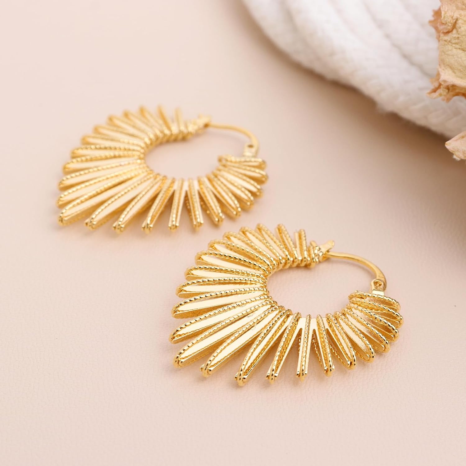 Gold Silver Chunky Sun Hoop Earrings for Women, Statement Sunburst Leaf Geometric Sunray Sculptural Dangle Prom Wedding Accessories Fashion Jewelry Gift - Image 6