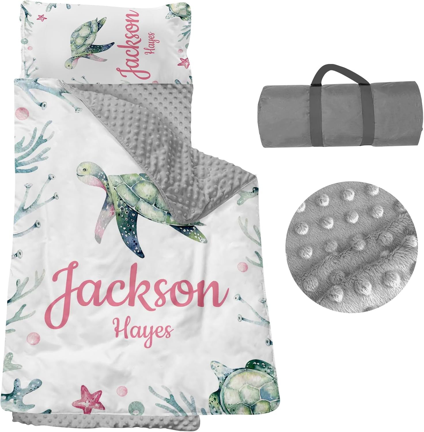 Toddler Nap Mat with Pillow and Blanket, Personalized Name Nap Mats for Daycare Preschool Kindergarten Custom Ocean Series Portable Sleeping Bag for Kids Boys Girls