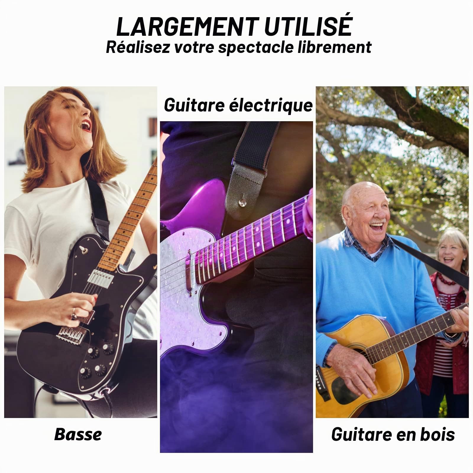 Lot de 4 Sangle de guitare avec extrémités en cuir Courroie de Guitare Longueur réglable avec 10 médiators verrous de sangle pour guitares basses électriques et acoustiques