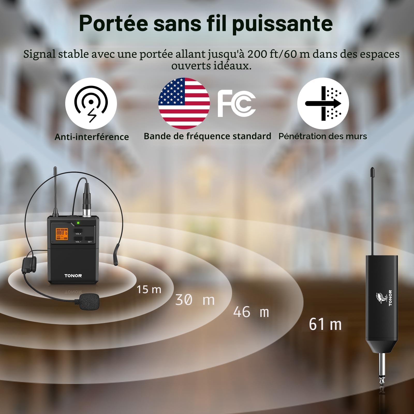 TONOR Micro sans Fil UHF avec Microphone Casqueà/Micro Cravate, Transmetteur Bodypack et Mini récepteur Rechargeable Sortie 6,35 mm, 60M pour des Performances en Direct Conférence Enseignement Église