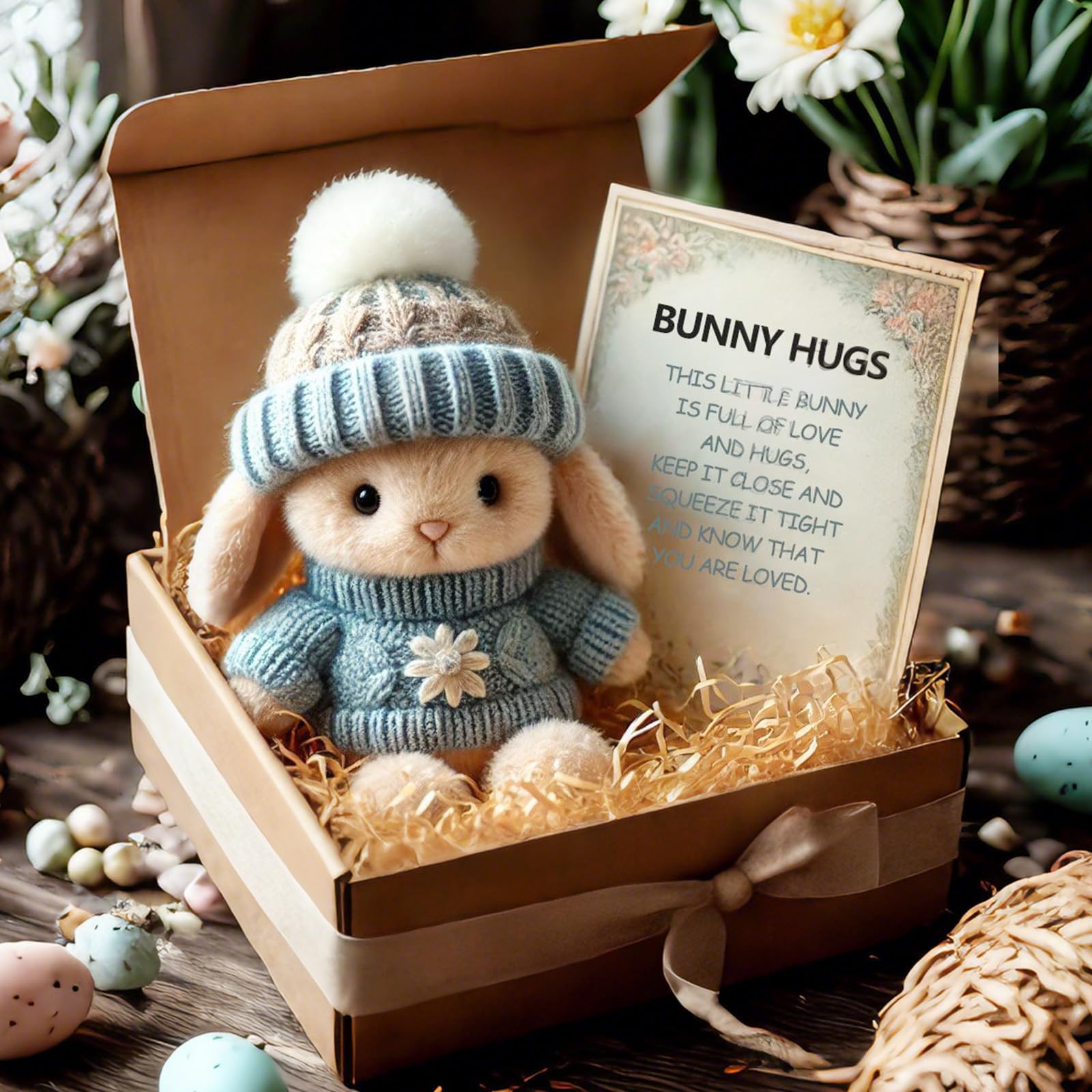 Handmade Mini Bunny Hug Cute Easter Gift with Card, 2026 New Soft Plush Rabbit Mini Bunny Hugs in Box, Easter Basket Bunny Stuffer Women Men for Mother's Day, Valentine's Day, Birthday (Blue)