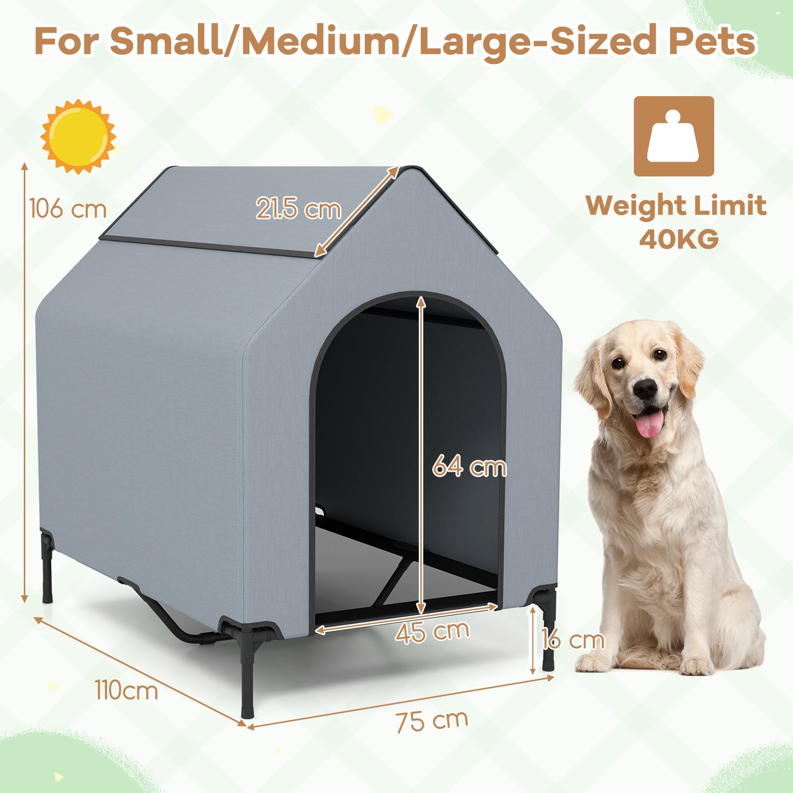GOPLUS 2 en 1 Niche Surélevée pour Chien, Tente Résistant aux Intempéries avec Fenêtres Ventilées, Lit en Tissu Maillé, Intérieur Extérieur (M)