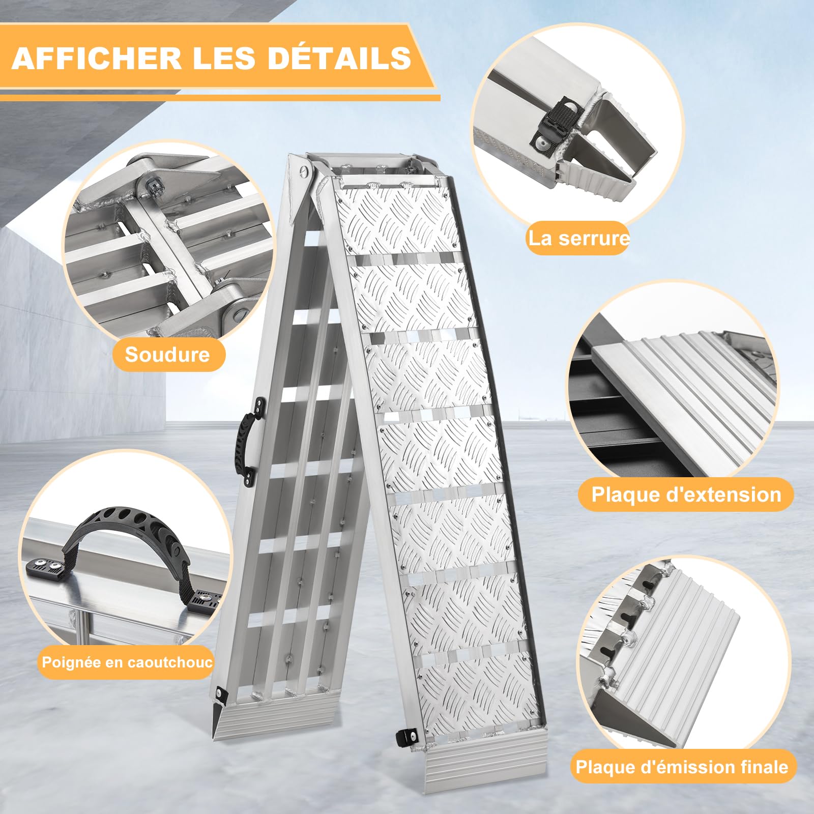 gardhom Rampes de manutention Antidérapante 340kg Aluminium Rampe Voiture 228x28x4.5cm Pliante Rampe de Chargement pour Tondeuse à Gazon, Vélo, Moto et Quad