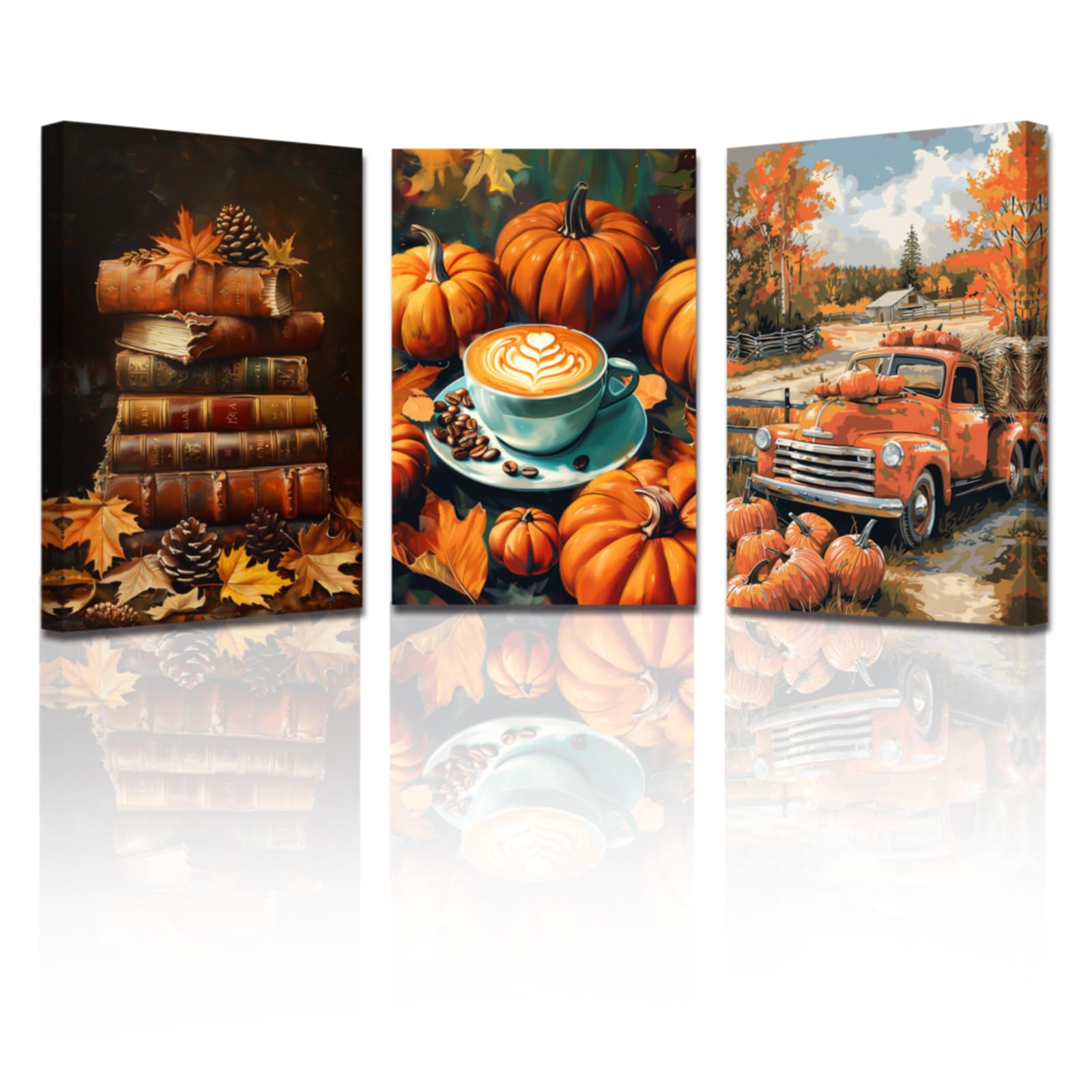 LMYSXAOZ 3Pcs Unframed Fall Canvas Wall Art Maple Leaf Picture Decor Pumpkin Paintings Autumn Harvest Poster Prints Rustic Farmhouse Thanksgiving 12x16inch