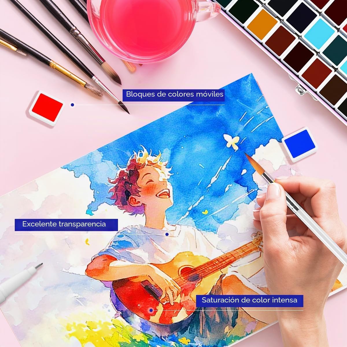 MeiLiang - Juego de acuarela de viaje, pintura de acuarela de 52 colores con 1 lápiz de dibujo, 1 pincel, 5 papeles de acuarela, 1 esponja y 1 bolígrafo de dibujo negro, juego de pintura de colores de