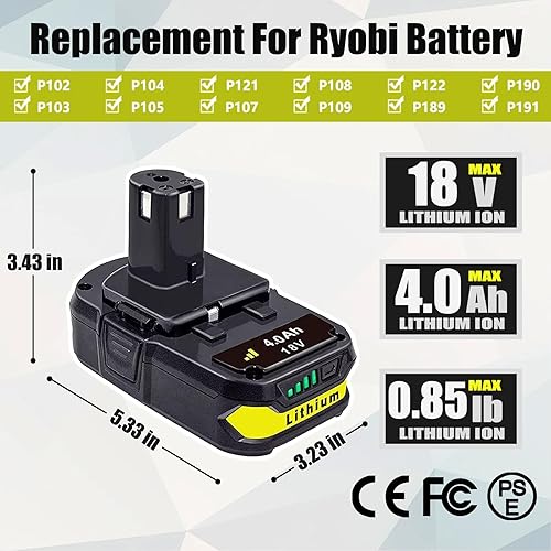 Miniatura 2 de FSKE Paquete de 2 baterías de litio de 4.0Ah de repuesto para Ryobi 18 V Batería ONE+ P108 P102 P103 P104 P105 P107 P108 P109 P190 P191 P122