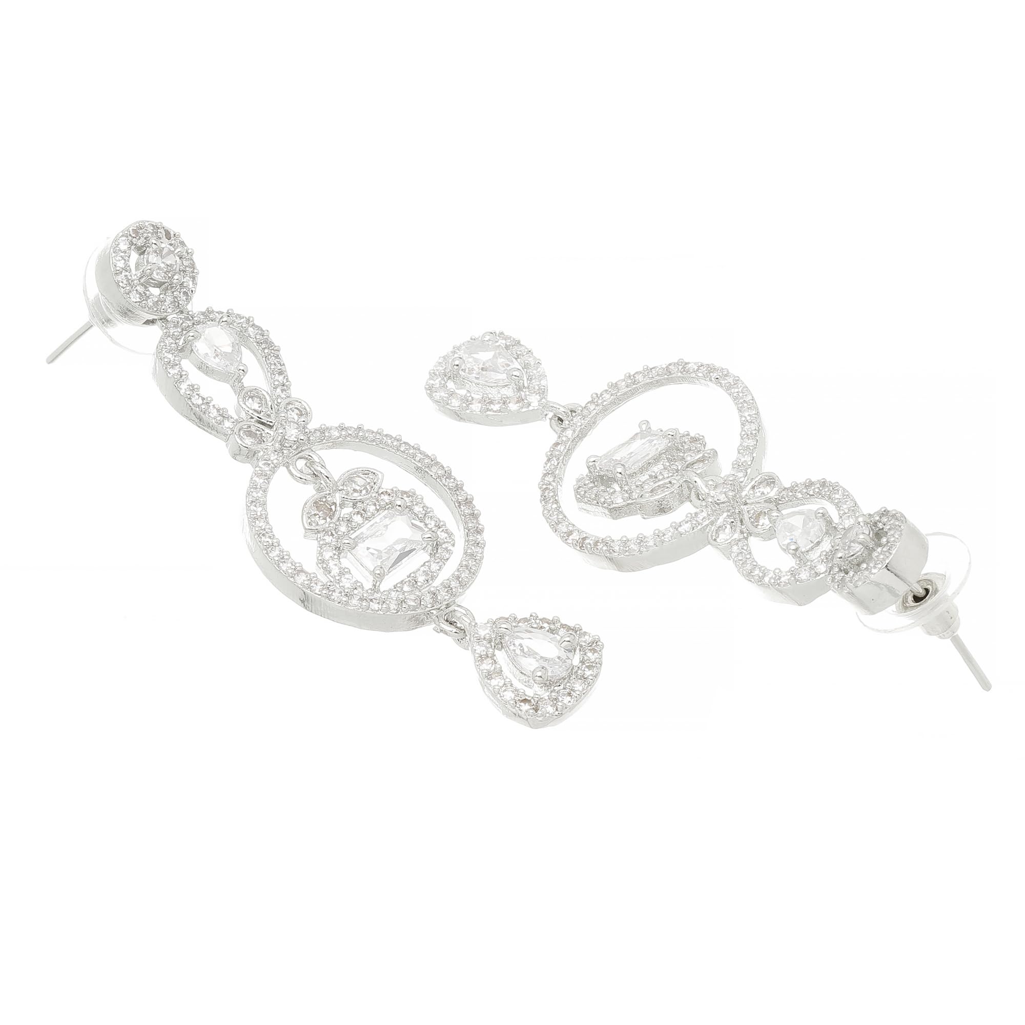 Rhodium-Plated Circular Drop Earrings with American Diamonds