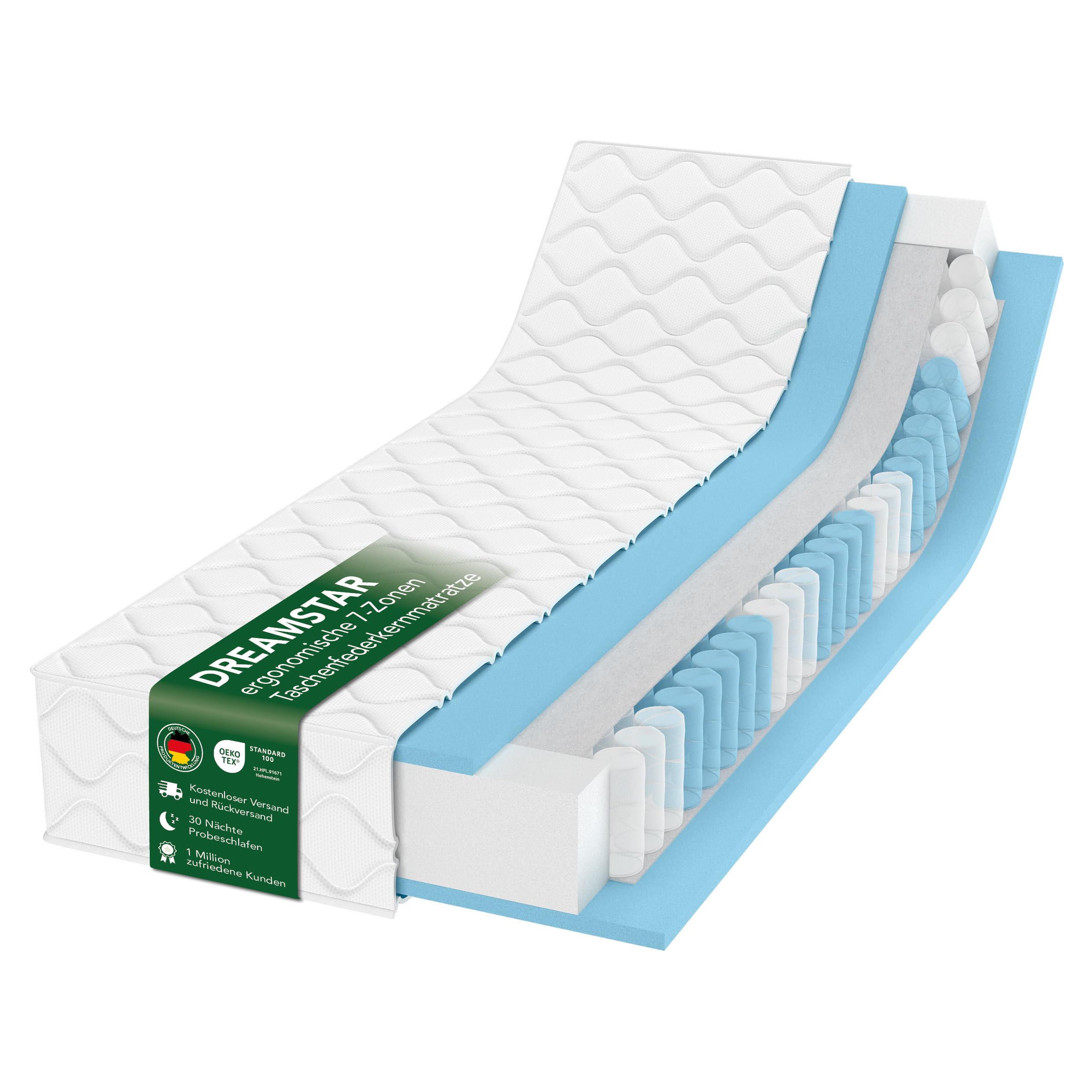 DREAMSTAR Ergo Flex XXL Duo Taschenfederkernmatratze 120x200cm | ergonomische 7-Zonen Matratze | Öko-TEX® | H2 (0-80kg) & H3 (80-100kg) | Hypoallergen & Antibakteriell | 22 cm hoch 120 x 200 cm