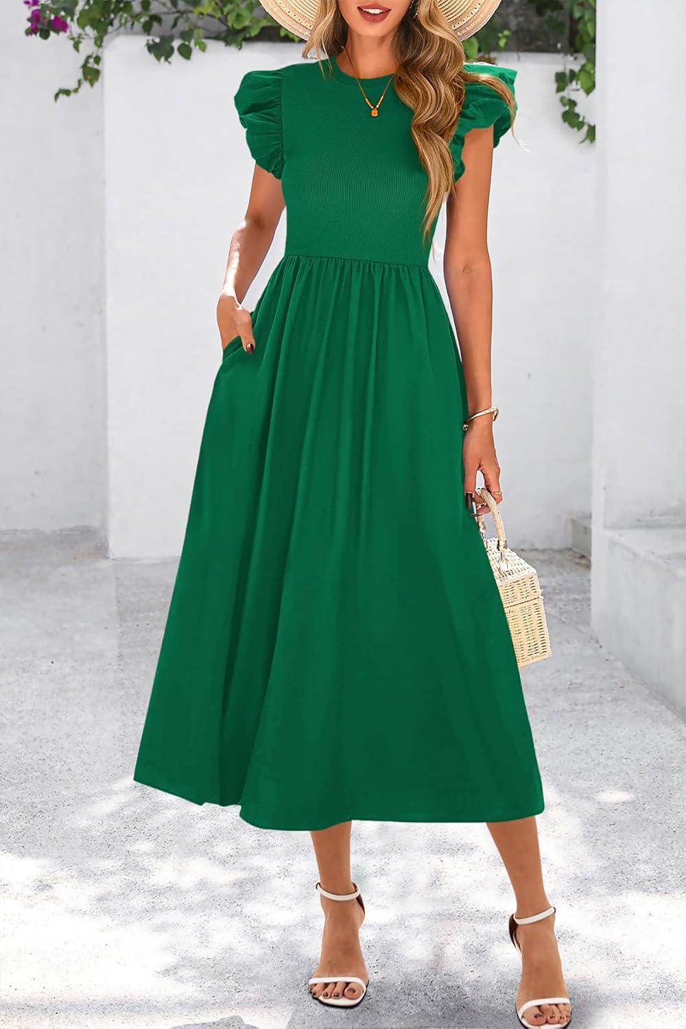 CFLONGE Women's Casual Short Puff Sleeve Summer Dresses for Women 2025 High Waist Casual Flowy A Line Midi Dress with Pockets - Image 6