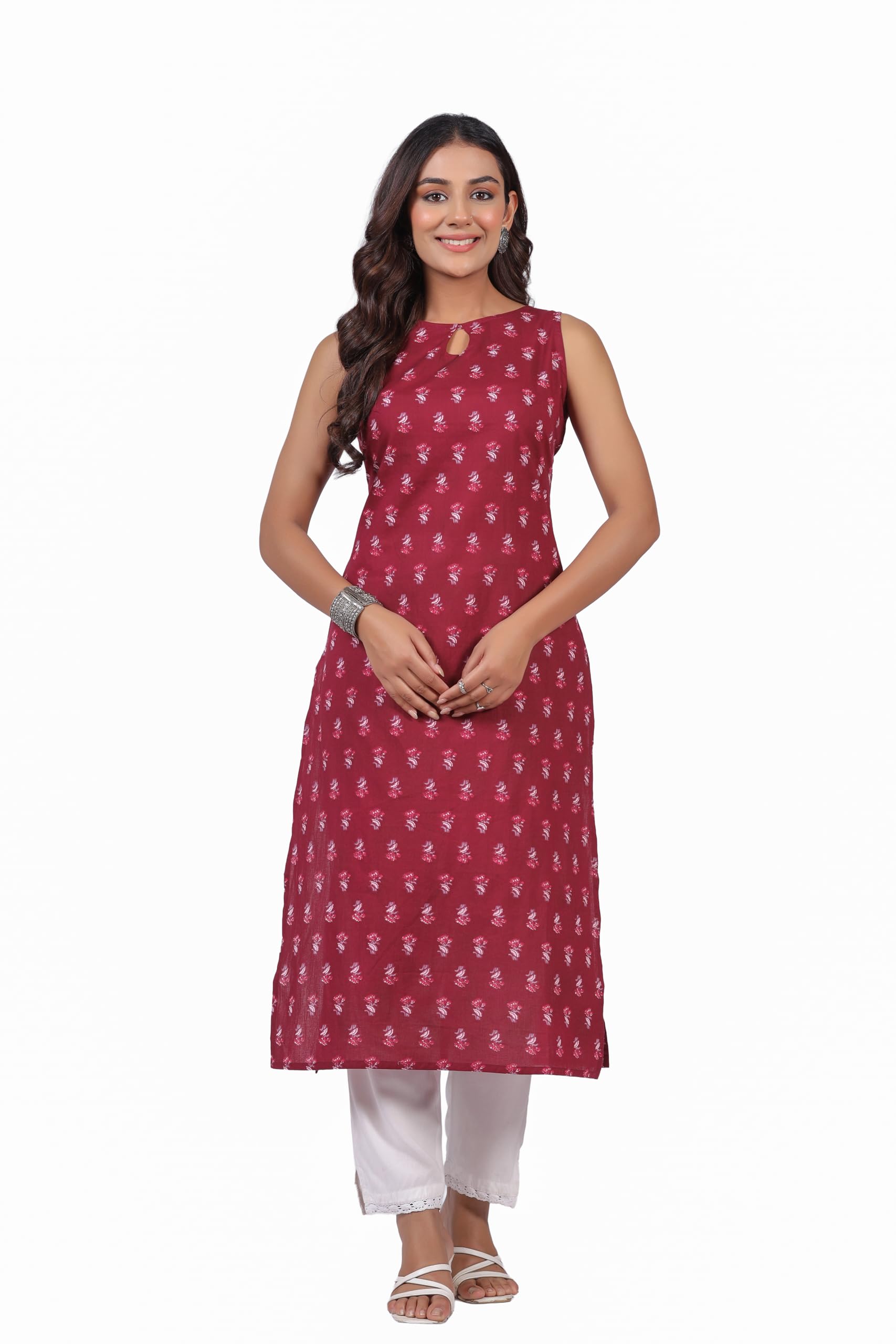 ichaa Women’s All-Over Printed Sleeveless Kurta | Regular Fit Ethnic Kurta | Round Neck Straight Fit Kurta-picture-12