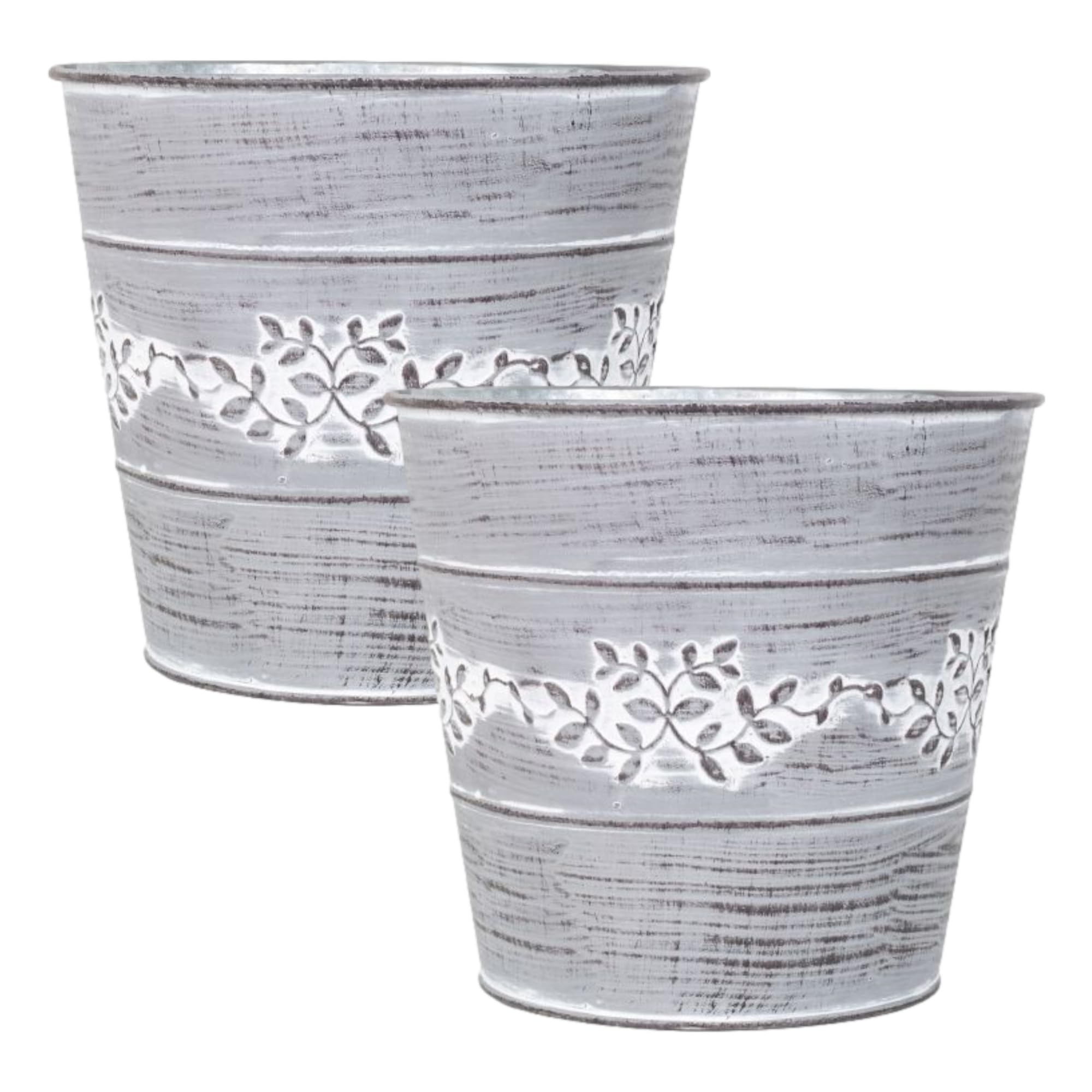 Grey Metal Leafy Vine Planter Tin Pail 18cm, 7inch Indoor Outdoor Garden Flower Plant Pot Weatherproof Decorative Gift (2)