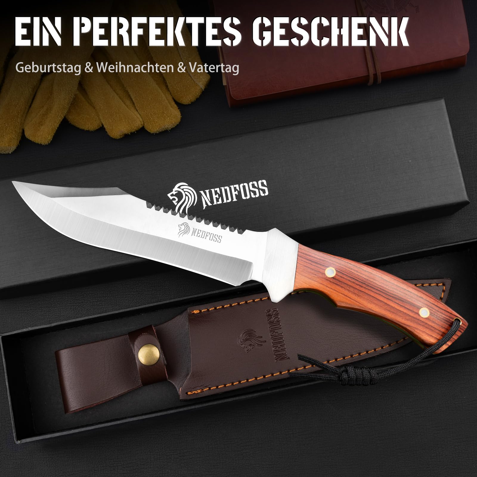 NedFoss JUNGLE-KING 33CM Coltello fisso da esternoin acciaio, coltello da sopravvivenza affilato, coltello da campeggio, coltello da pesca, coltello da cespuglio, Ideale per campeggio, regali