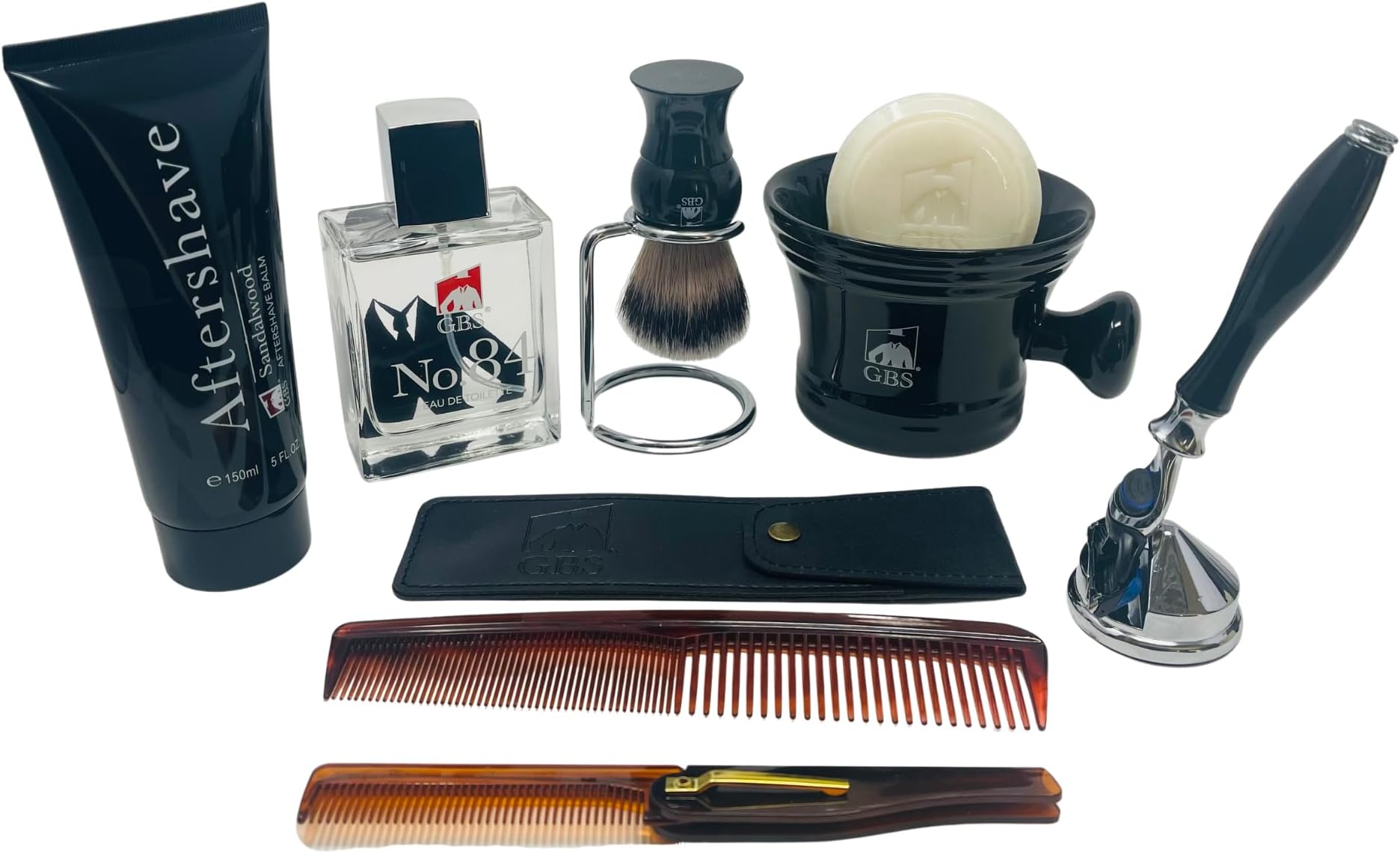 G.B.S Men's grooming Set - Razor - Black Ceramic Shaving Mug Knob Handle- Leather case, 5 Blade Razor, Badger Brush with Stand, Natural Sandalwood Shave Soap, No.84 Cologne Wooden comb and, Aftershave