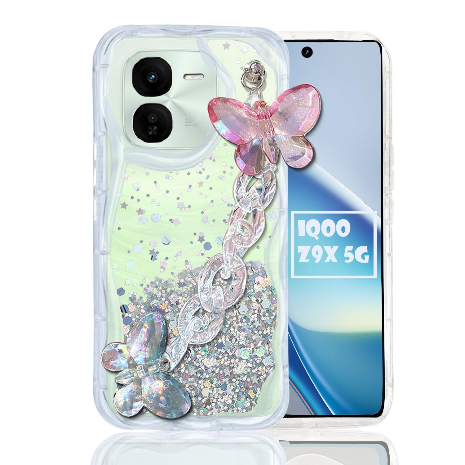 KC Back Cover for iQOO Z9x 5G - Curly Wave Dry Fixed Non Moving Glitter Crystal Butterfly Wrist Bracelet Shockproof Soft Silicone Camera Protection Case (Transparent) (B0D9JLMH14) Amazon Price History, Amazon Price Tracker