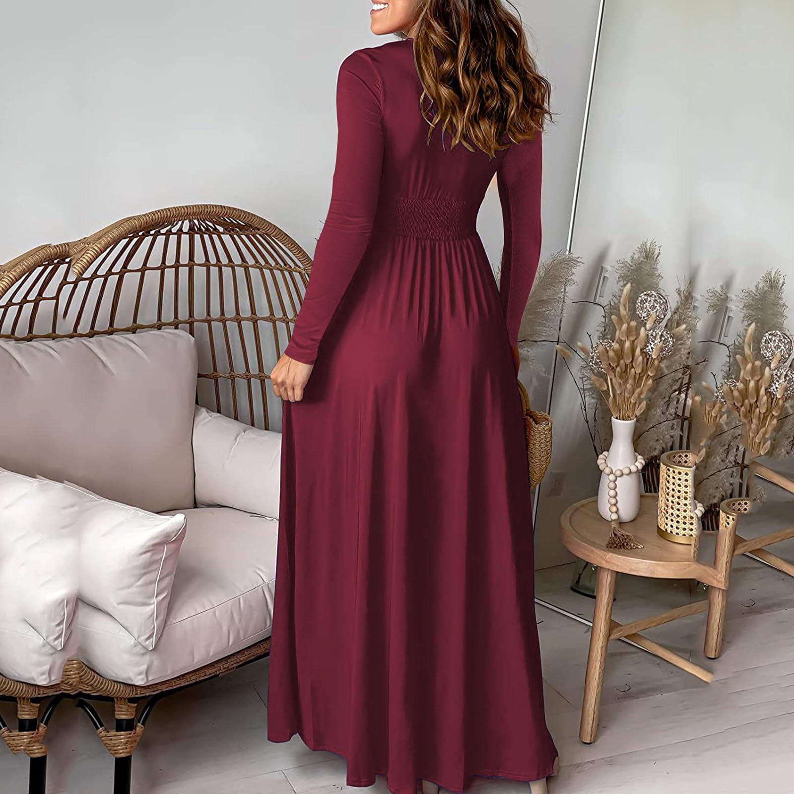 Vestido de cóctel sexy para mujer, cuello en V profundo, manga larga, plisado, cintura alta, abertura, club, fiesta, noche, noche, salida nocturna, cumpleaños, cita