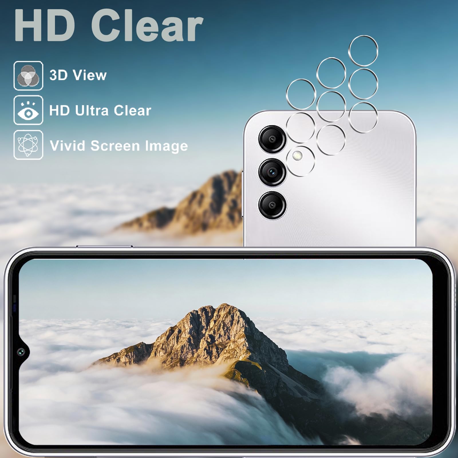 [3+3] Protector de pantalla para Samsung Galaxy A14 5G, 3 unidades de vidrio templado y 3 protectores de lente de cámara, dureza 9H, transparente HD, compatible con fundas