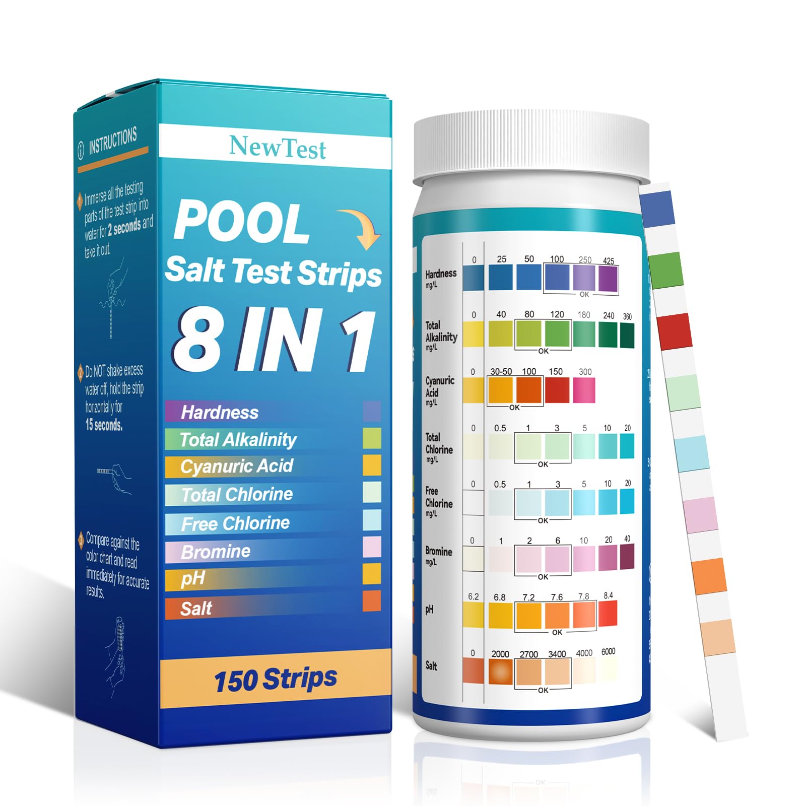 Pool Salt Test Strips: 150CT 8 in 1 Professional Pool Test Strips for Salt Water Pool & Hot Tub & Spa & Swimming Inground Pools - Quick Accurate Results Saltwater Pool Testing Kit