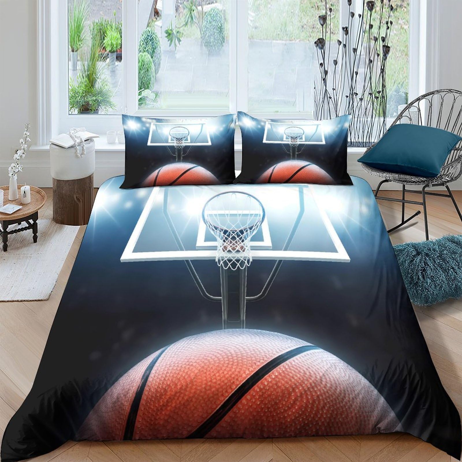 GPLZQXKJNH 3D Printed Basketball Court Duvet Cover Microfiber Soft Breathable Hoop Bedding Set with 2 Pillowcases for Bedroom Decor Single（135x200cm）