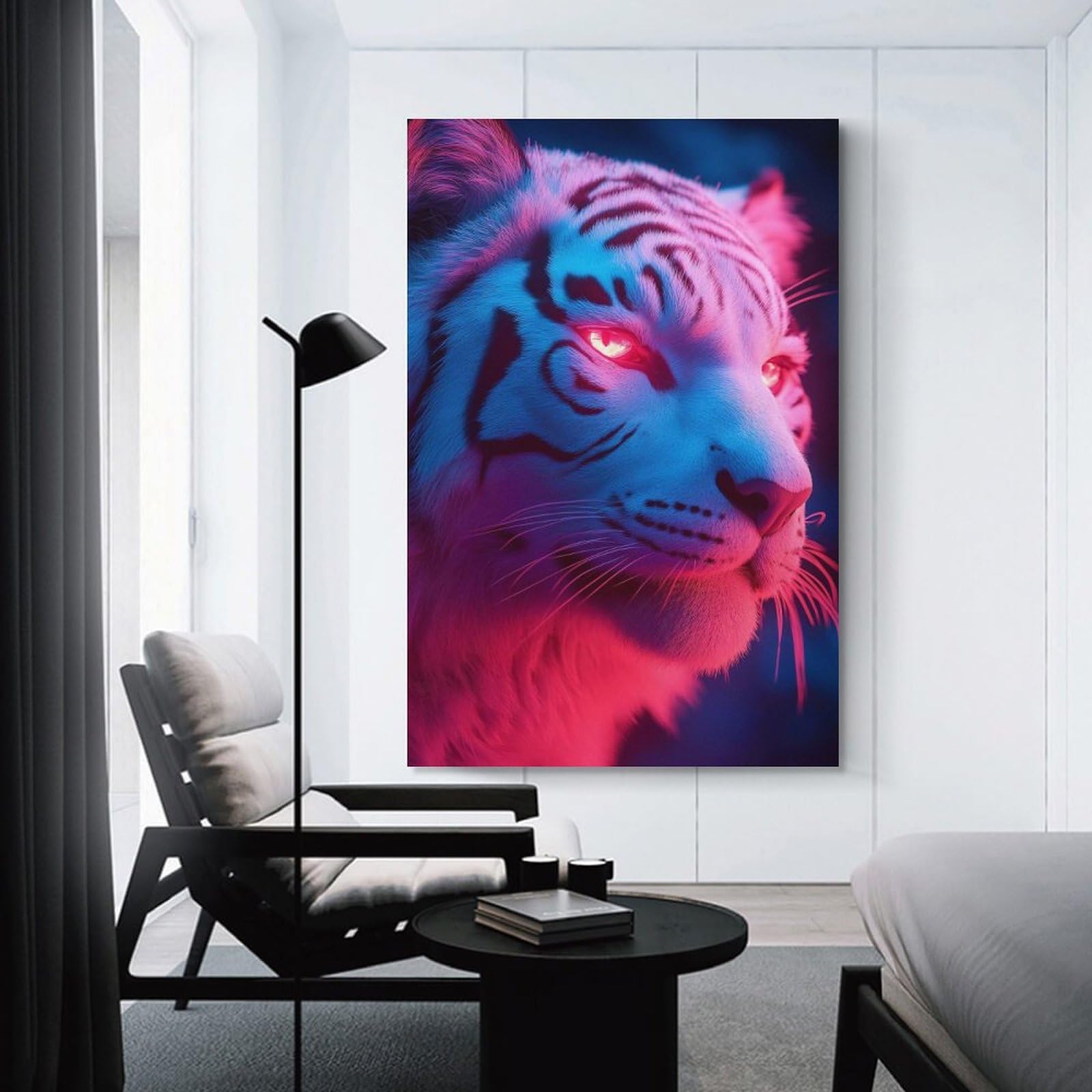 Junmoney Neon White Tiger Portrait Room Decor Wall Art, 16x24inch(40x60cm), for Living Room, Lounge Or Sitting Room, A Home Accent with Warm Character