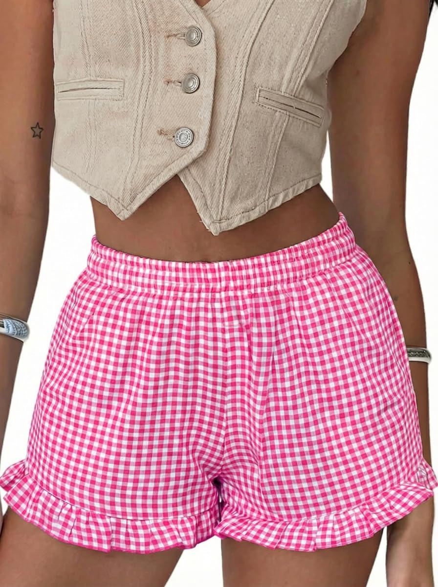 Boxer Shorts Gingham Shorts Y2K Beach Bottoms | Plaid Shorts Y2K Pajama Bottoms Two Pockets