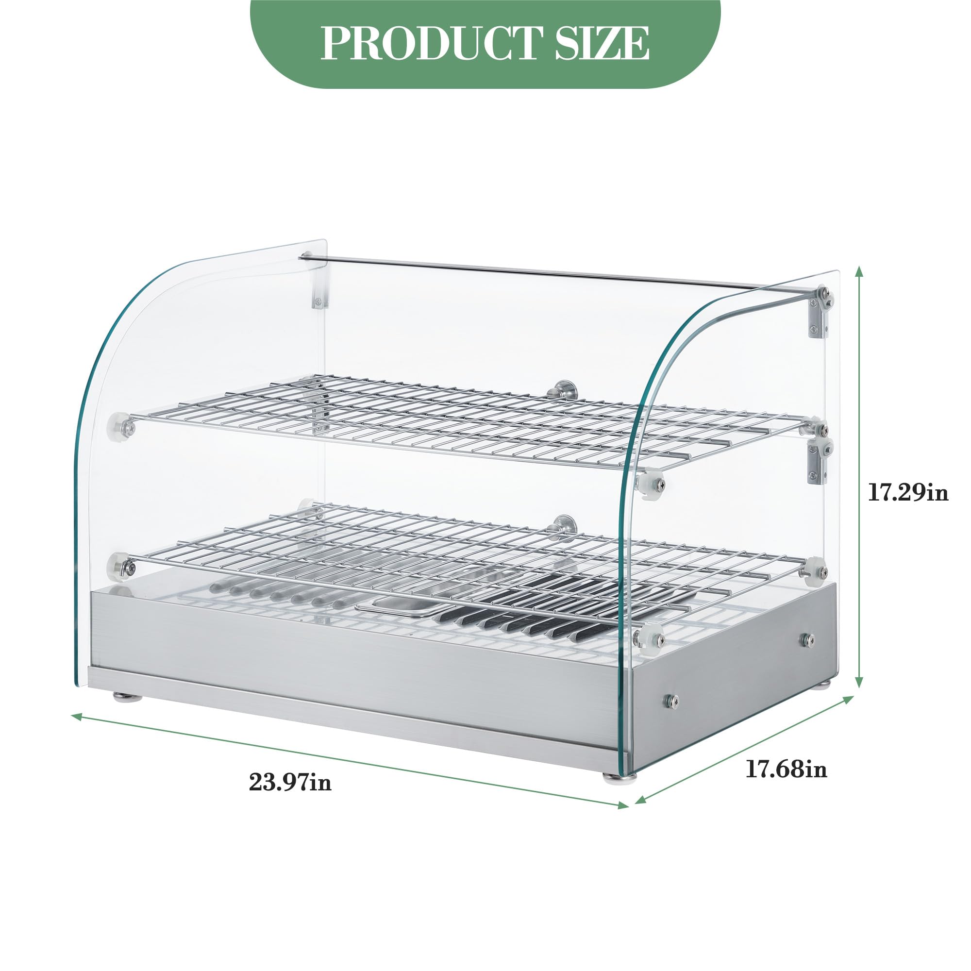 2-Tier Food Warmer, 22 in Countertop Commercial Food Warmer with Dual Glass Door, 1.5 Cu. Ft Stainless-Steel Display Case for Hamburger, Pizza, Bread, Fried Chicken - 1500 w