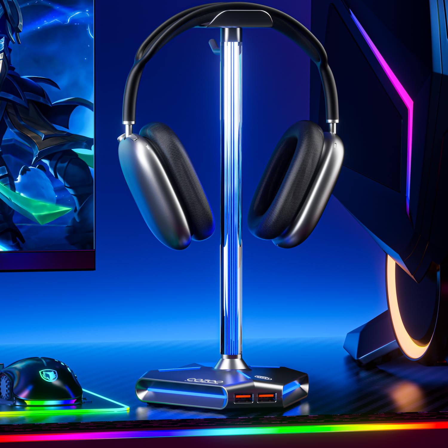 RGB Headphone Stand with 2 USB Ports & Extension Cord, Gaming Headset Holder for Desktop, PC Gaming Accessories, Gifts for Teen Boys, Men, Boyfriend, Christmas Gifts, Gaming Setup Organizer-image-20