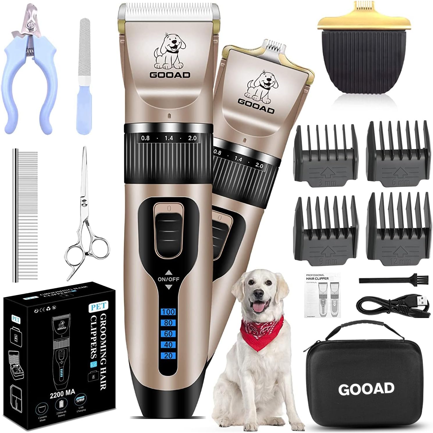 GOOAD 14 Pcs Dog Clippers Low Noise 2 in 1 with USB