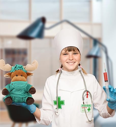 Miniatura 5 de DolliBu Juguete de peluche de Moose Doctor, súper suave, disfraz de médico de alce con bonito uniforme médico y traje de gorra, regalo de peluche