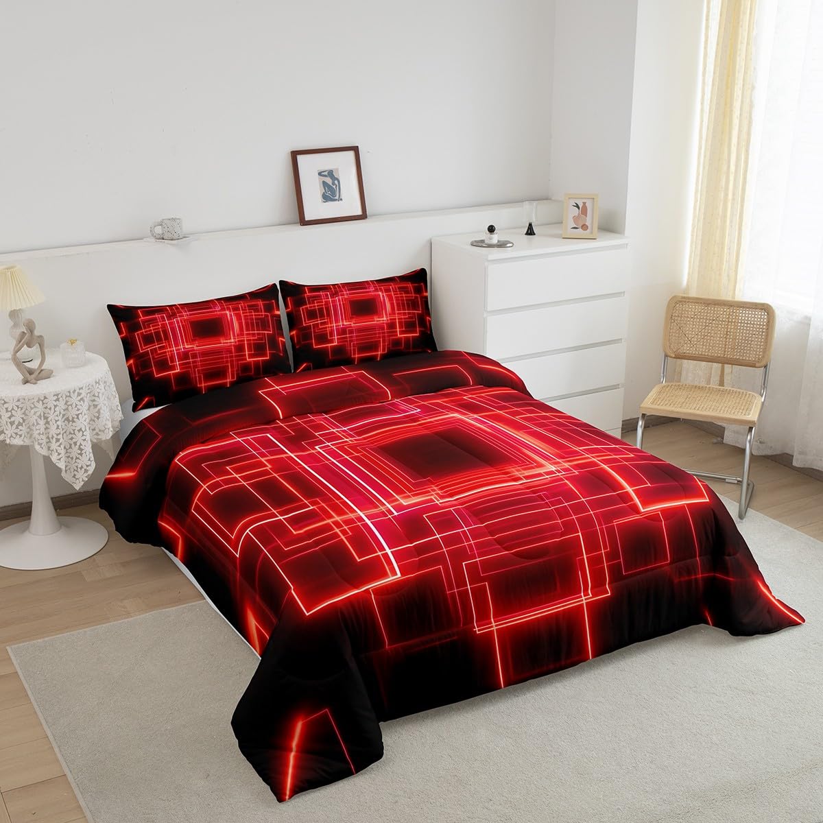 jejeloiu Geometric Bedding Set King Size Modern Art Comforter Cover for Boys Girls Teens Bright Red Duvet Cover Breathable Soft Lightweight Microfiber