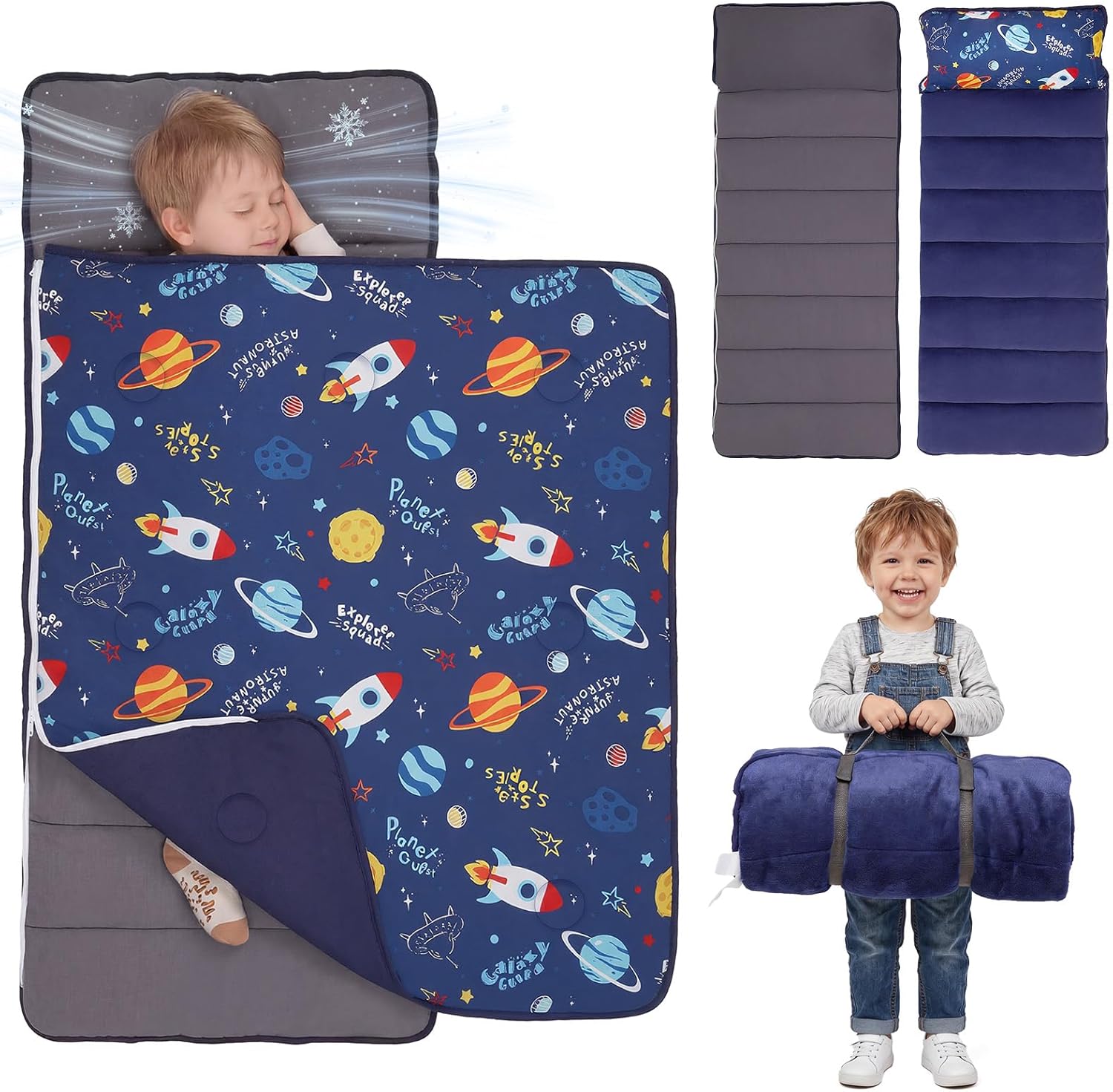 Basumee Reversible Cooling & Warm Toddler Nap Mat with Removable Pillow Extra Large 55''x35'' Kids Sleeping Bag for Daycare Preschool Kindergarten Roll Up Nap Mat for Boys