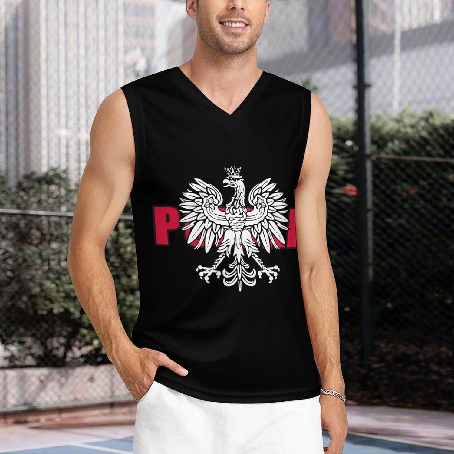 Polska Poland Polish Ea-gles Men's V-Neck Basketball Tank Top Sleeveless Workout Tank Shirts Gym Fitness Tees Vest