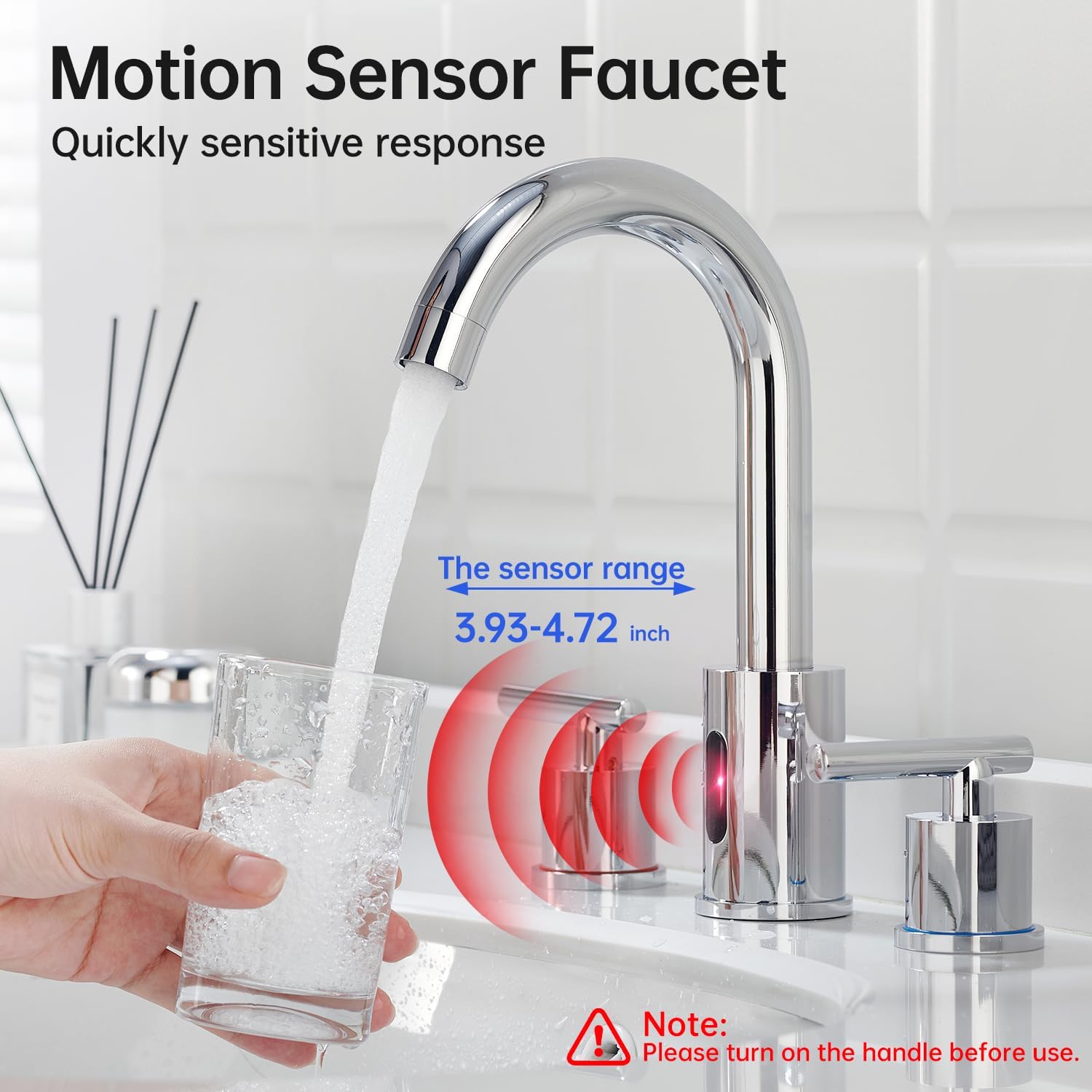 Charmingwater Touchless Bathroom Faucet for 3 Hole | 8 Inch Widespread Bathroom Sink Faucet with Automatic Sensor, 360° Swivel Spout, Chrome
