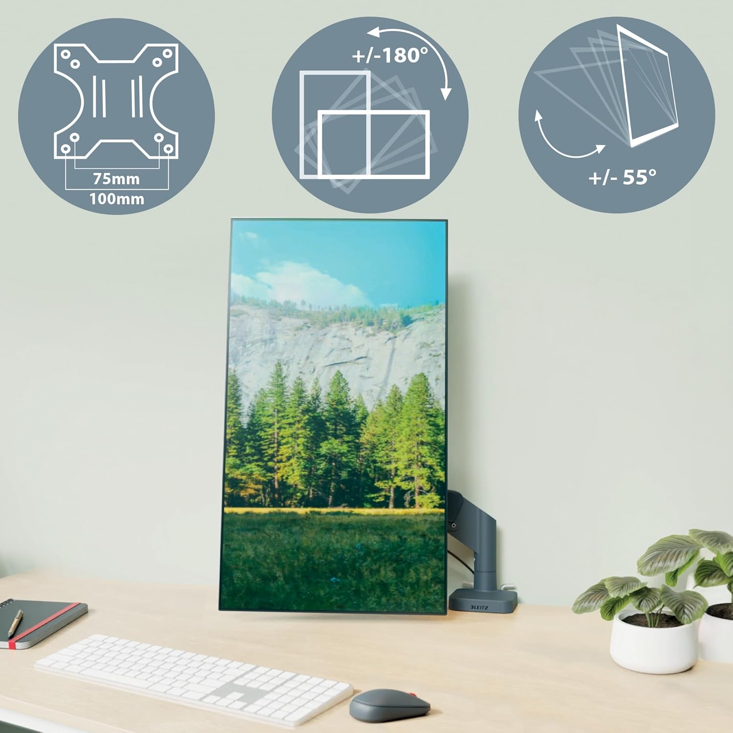 Leitz Ergo Space Saving Single Monitor Arm, Dark Grey Monitor Arm for Up to 32" Monitors, Velvet Grey, 64890089