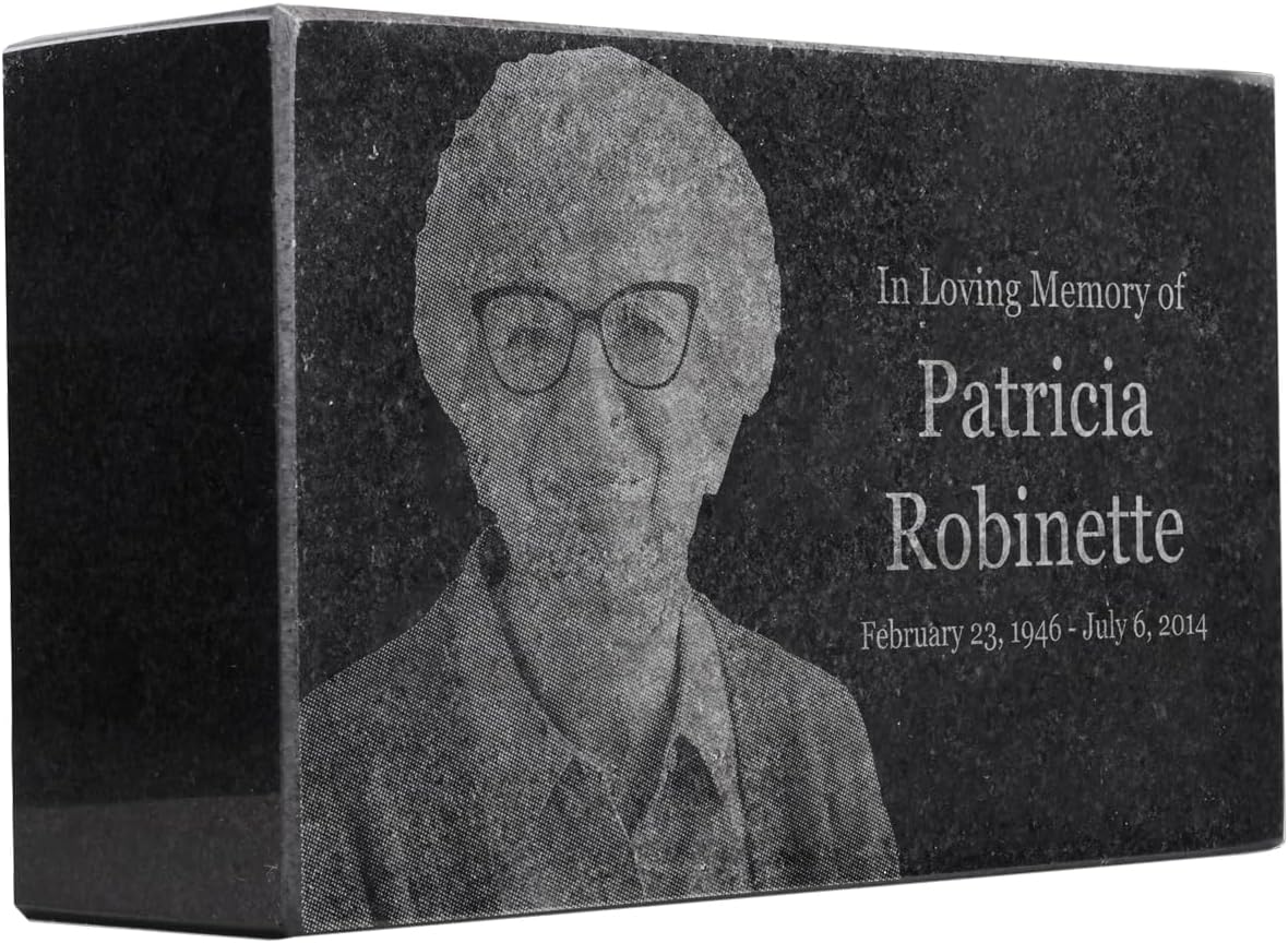 Black Granite Memorial Headstone for Lost Loved Ones, Dogs, Cats, and Family Pets. " Great for Your Garden, Tree Dedication, or in a Cemetery. Includes your personal photo and text. (7 x 4 x 2")