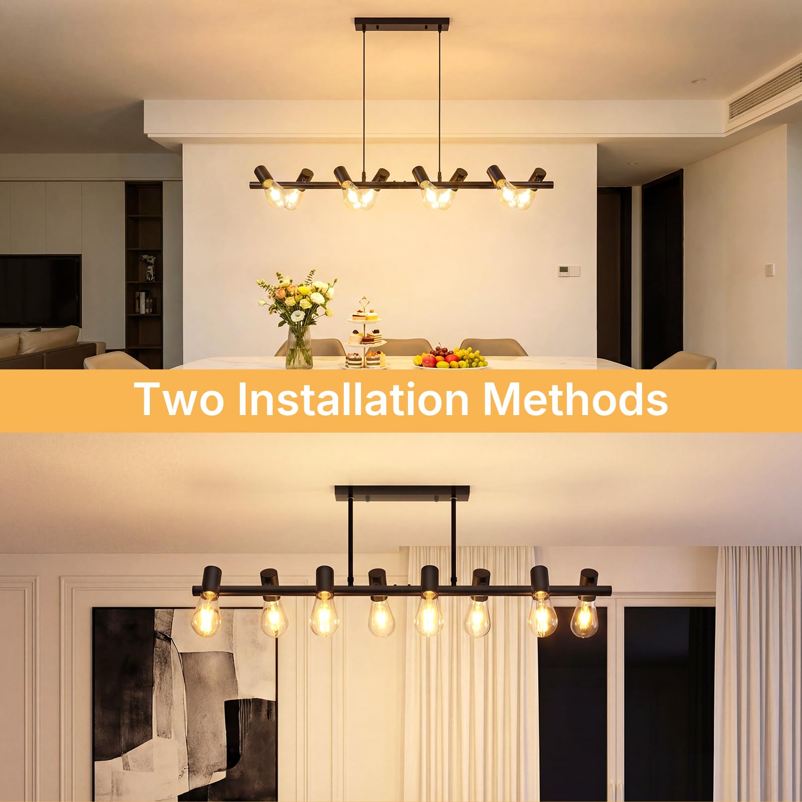 VivaLet Lampadario Soggiorno Moderni Nero, E27 Faretti Soffitto a 8-Luci, Testa Orientabile, Lampadario Vintage a Sospensione da Sala da Pranzo Regolabile in Altezza, Plafoniera Industrial per Cucina