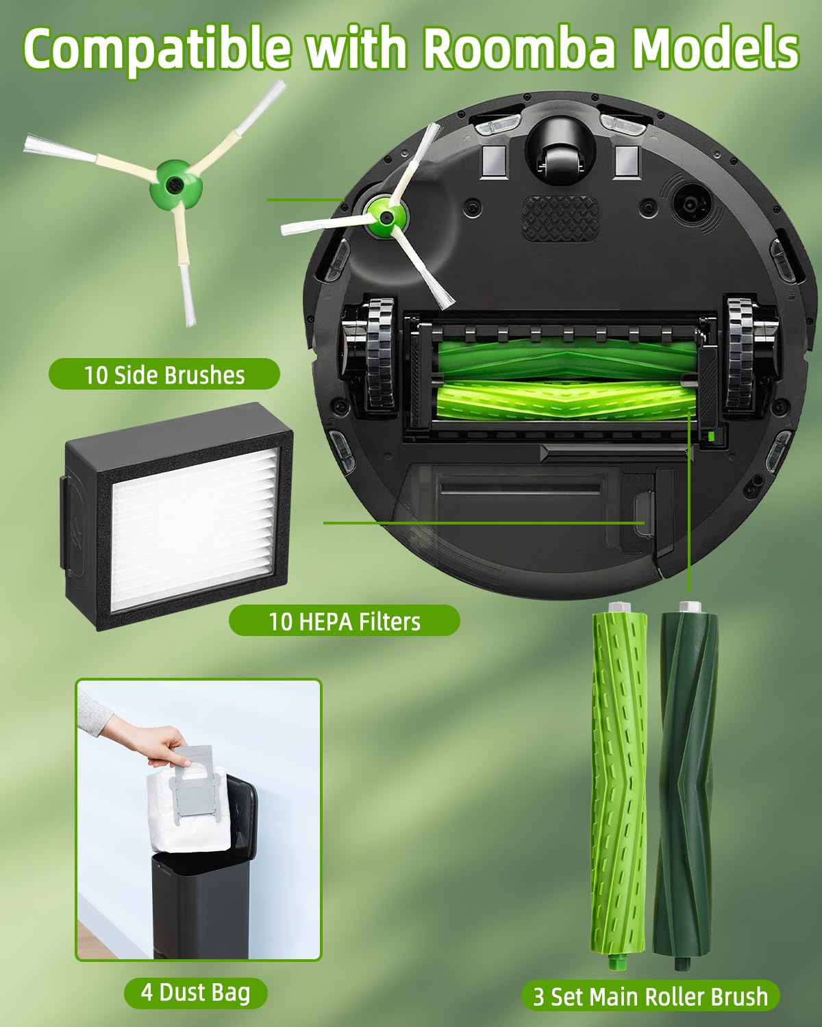 Kit de Accesorios Recambios para iRobot Roomba i7 i7+ j7 j7+ i3 i3+ i4 i4+ E5 E6 Aspiradora, Repuestos para Roomba 3 juegos de Cepillos Principales,10 Filtro,10 Cepillo Lateral,4 Bolsa de Polvo