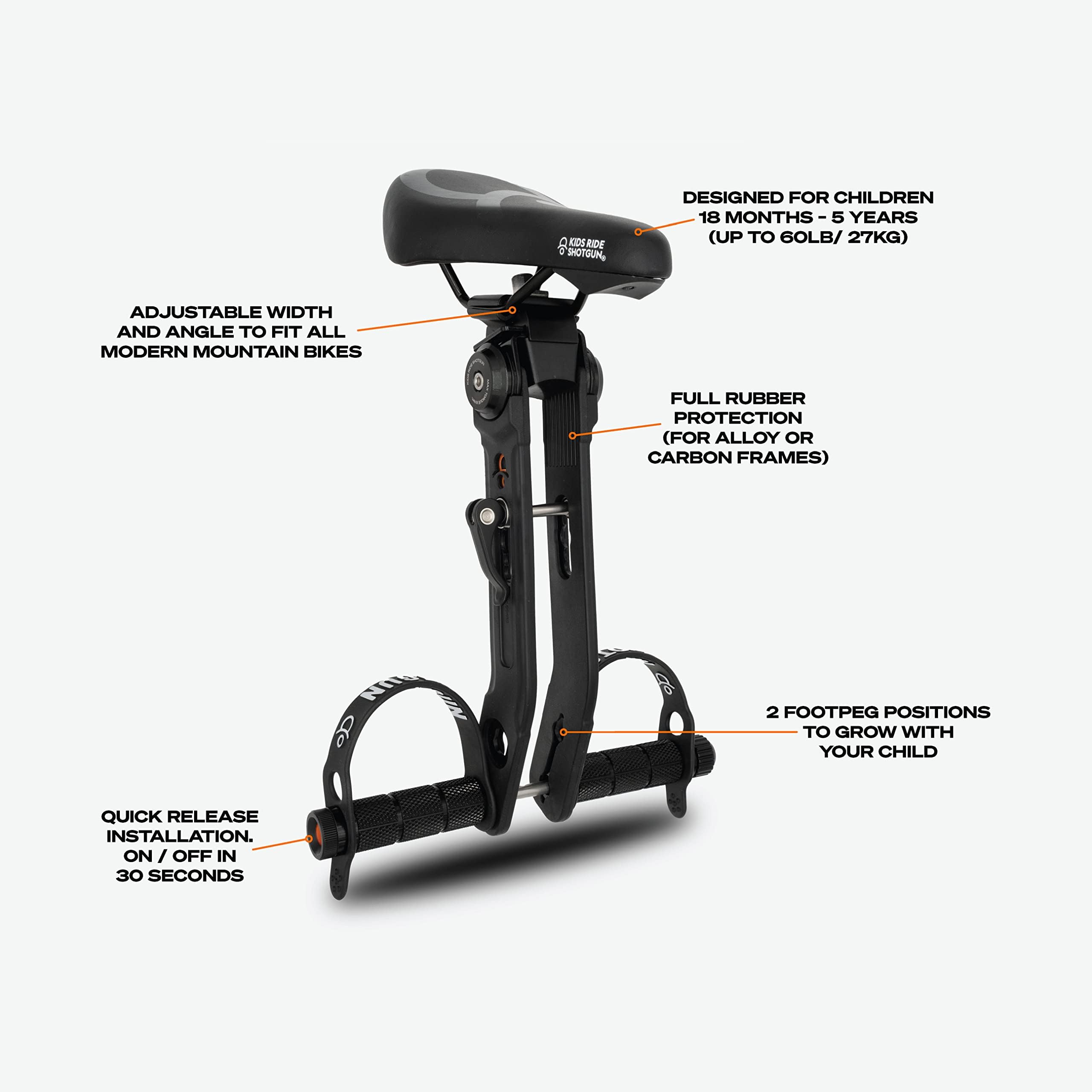 Kids Ride Shotgun - Sillines Delanteros para Niños De 2 a 5 años, Ajustables, Compatibles con La Mayoría De Las Bicicletas MTB Modernas para Adultos