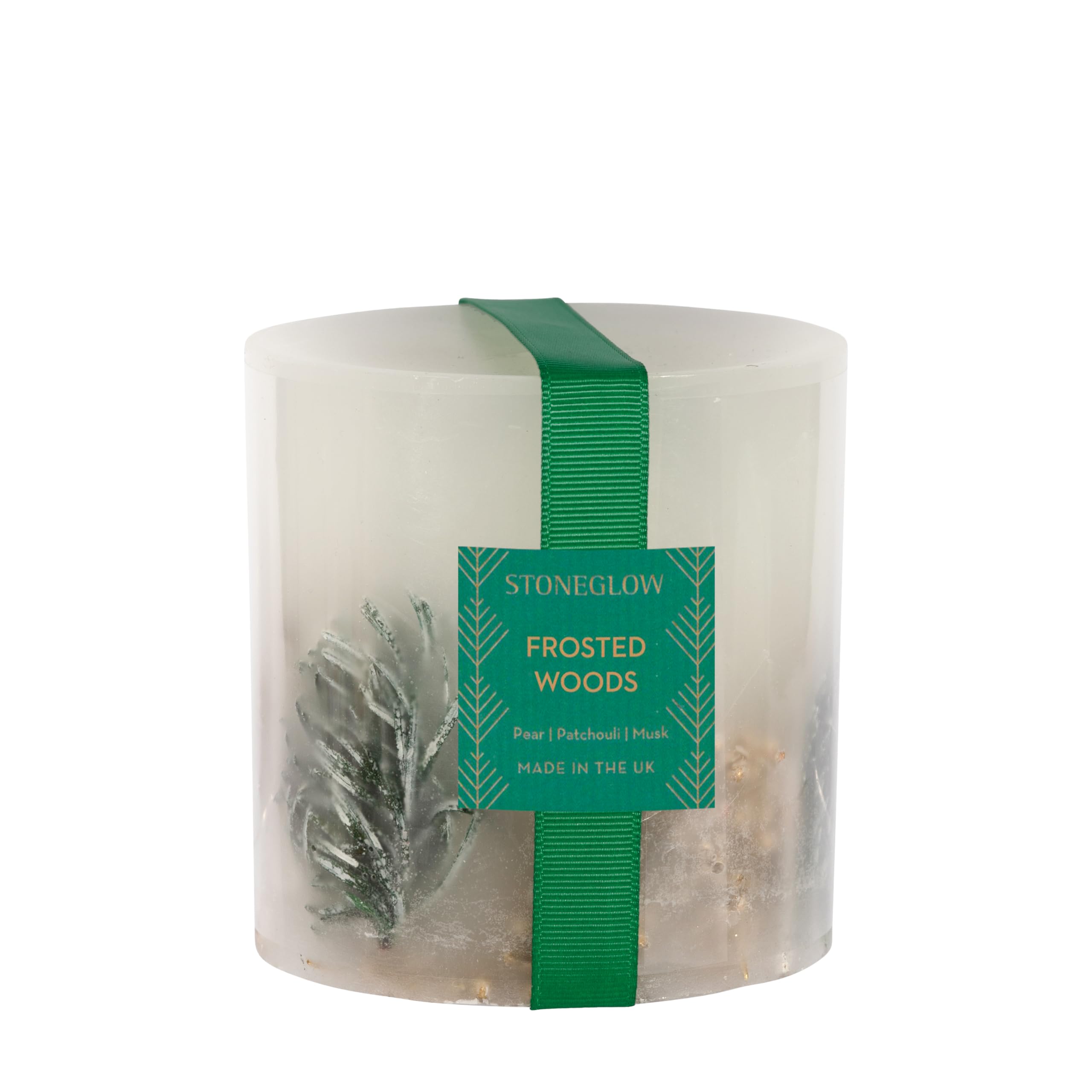 Stoneglow Candles London Green Seasonal New - Frosted Woods (Pear, Patchouli & Musk) - Botanical Inclusion Pillar