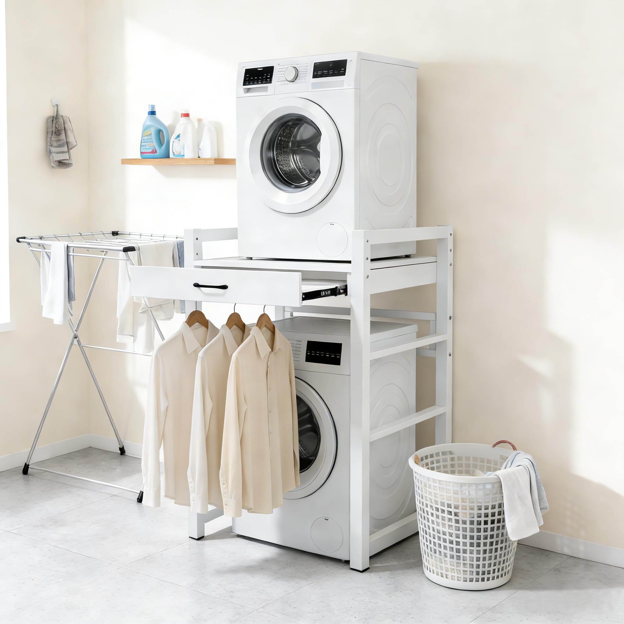 Yigowyigo Waschmaschinenregal mit Auszug Wäscheständer 73x63x105cm, 250 kg Tragfähigkeit, 84cm & 89cm Höhenverstellbar Waschmaschinenschrank Regal für Badezimmer Balkon - Weiß