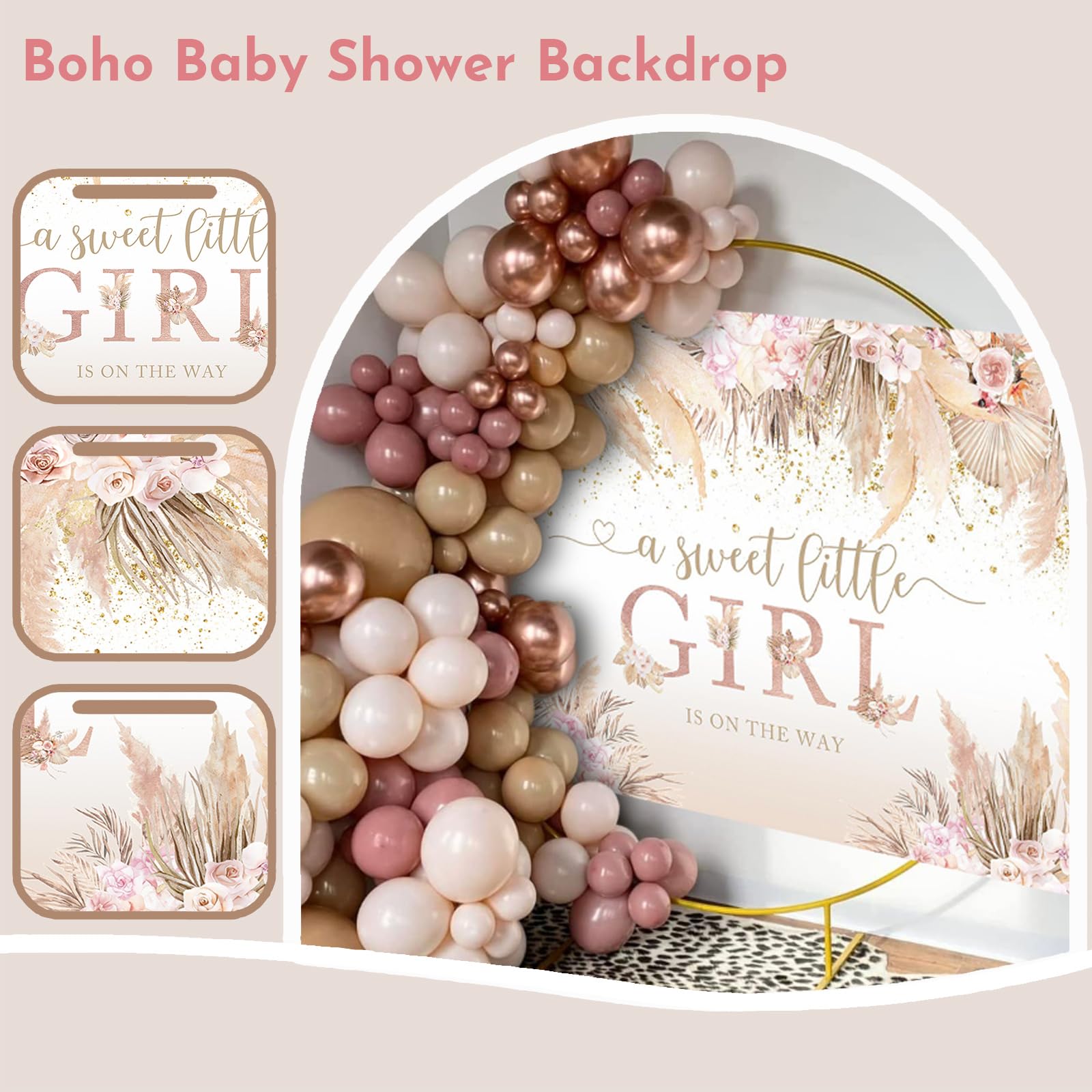 AOFOTO Boho-Hintergrund 'Hello Baby' – Runder Fotohintergrund 2x2 M, Rosa Blumen, Für Babyparty-Fotos