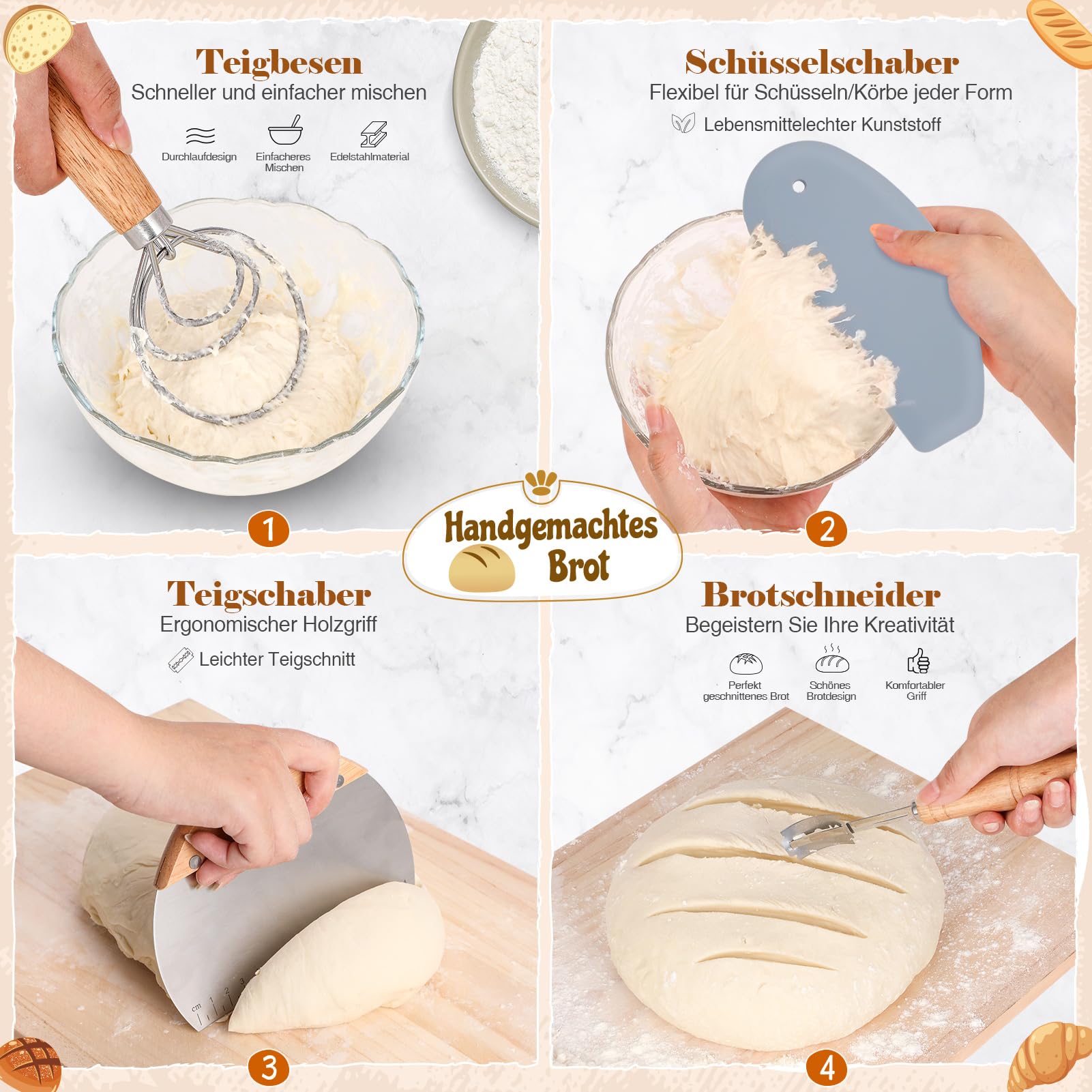 Gärkörbchen Für Sauerteig Starter Set, 25cm & 23cm Gärkorb Brot Backen, Sauerteig Starter Set Mit Sauerteig Starterglas, Brot Backen Startver Großes Geschenk Für Anfänger, Erfahrener Bäcker