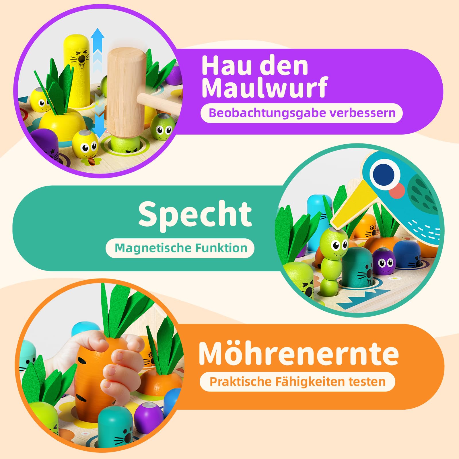 8-in-1 Montessori-Holzspielzeug für Kleinkinder von 1 bis 3 Jahren, Xylophon-Spiel Hau den Maulwurf, Vorschulisches Lernspielzeug für Jungen und Mädchen