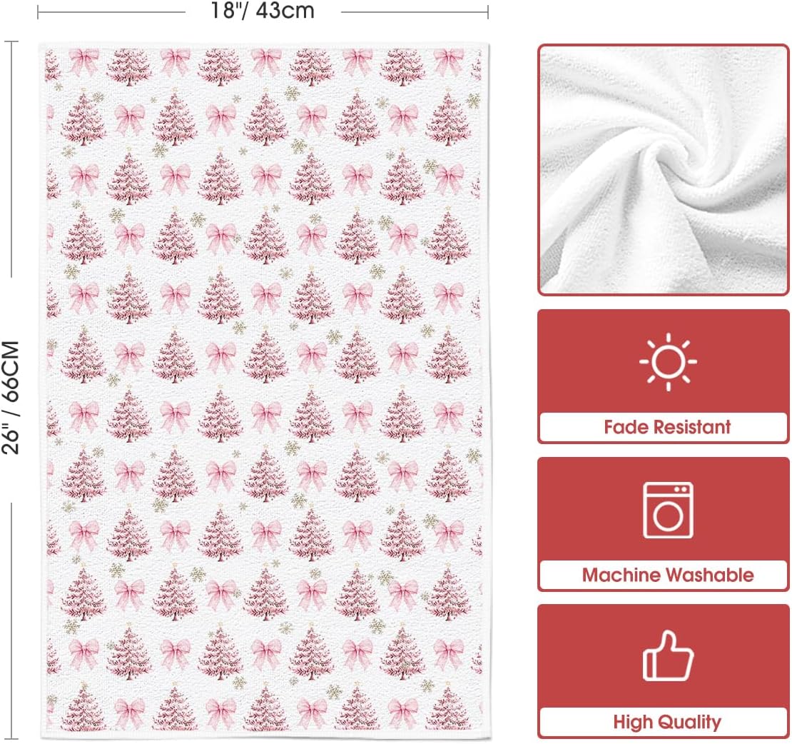 Artoid Mode Pink Bowknot Xmas Tree Christmas Kitchen Towels Dish Towels, 18x26 Inch Farmhouse Snowflake Winter Decoration Cleaning Set of 2 - Image 6